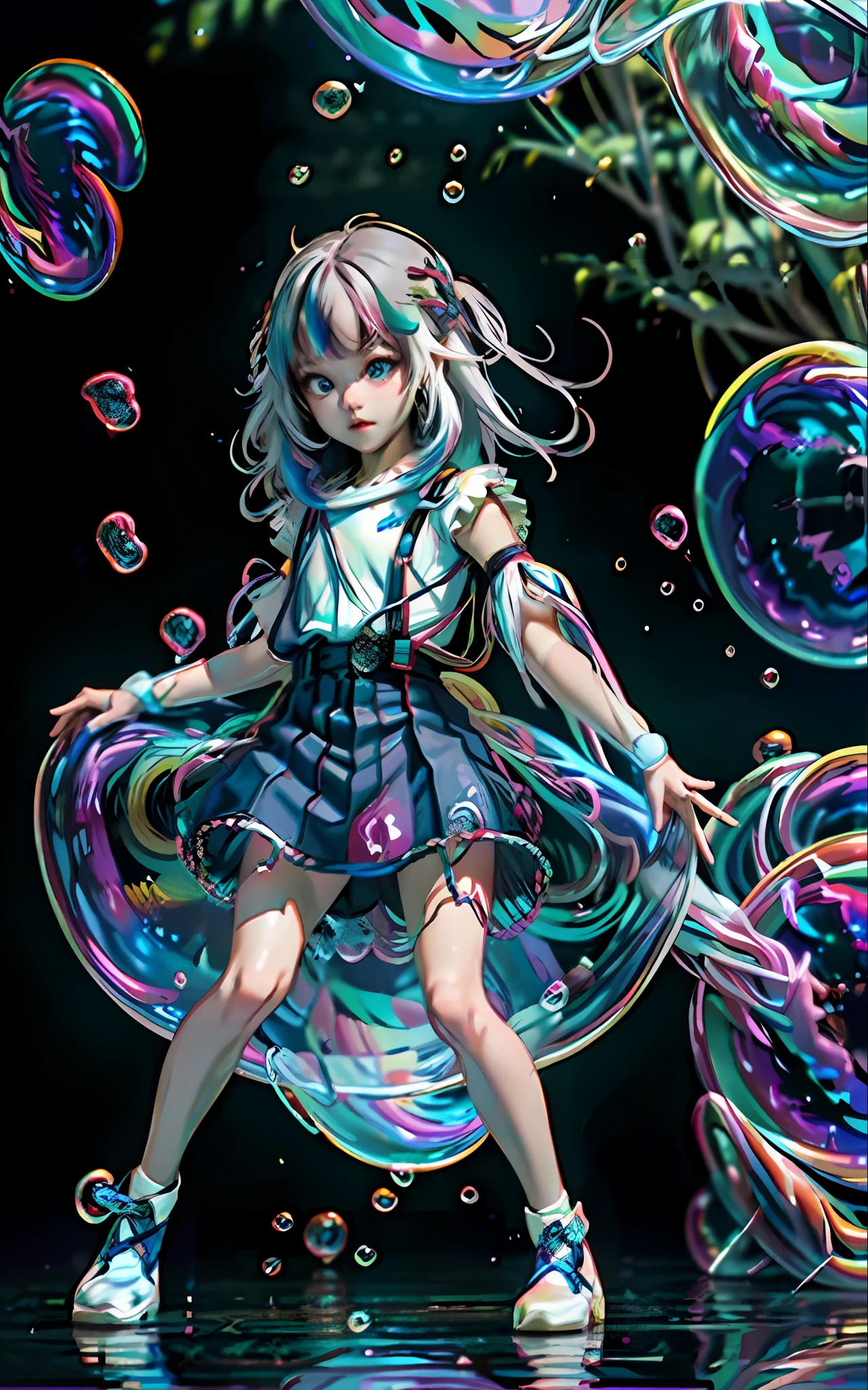 masterpiece), (best quality), (official art, extremely detailed 8k CG unity wallpaper), (very detailed), ((absurd), 1girl, mid-shot, (exquisite facial features), (serafuku: 1.3) (( SFW)),((light hands)), ((white thighs without shoes)),aqua eyes, colored contact lenses, stars in eyes, (((colored bubble))), colored glass, (album cover), her hair stood out floating above her head, multicolored bubbles, she buddies a black skirt with flower embroidery, she is under water