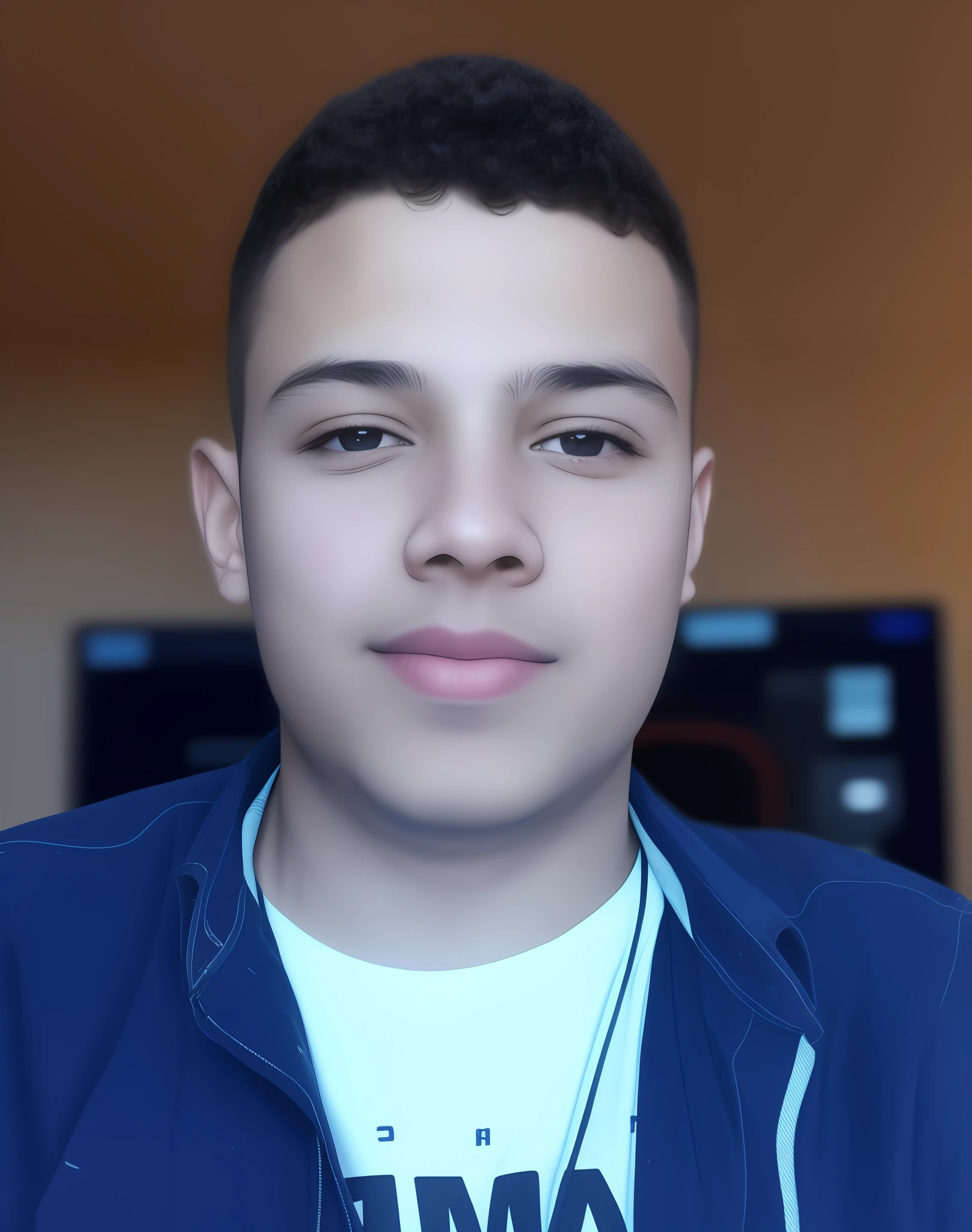 Arafed man with a blue jacket and a white shirt, about 12 years old neon city background, futuristic cyberpunk headshot profile picture, Riyahd Cassiem, front photo, programmer/gamer Ludwig, Ismail, realistic high quality 4k photo, taken in early year 3900, half-body headshot profile picture 1024px, futuristic background