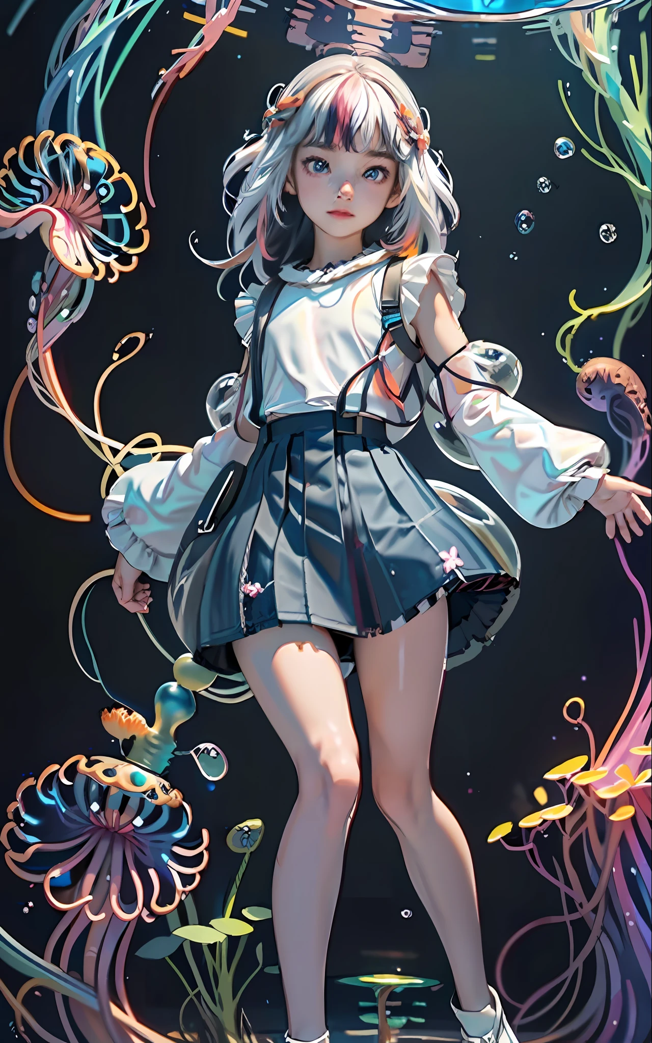 masterpiece), (best quality), (official art, extremely detailed 8k CG unity wallpaper), (very detailed), ((absurd), 1girl, mid-shot, (exquisite facial features), (serafuku: 1.3) (( SFW)),((light hands)), ((white thighs without shoes)),aqua eyes, colored contact lenses, stars in eyes, (((colored bubble))), colored glass, (album cover), her hair stood out floating above her head,  multicolored bubbles, she buddies a black skirt with flower embroidery, she is under water