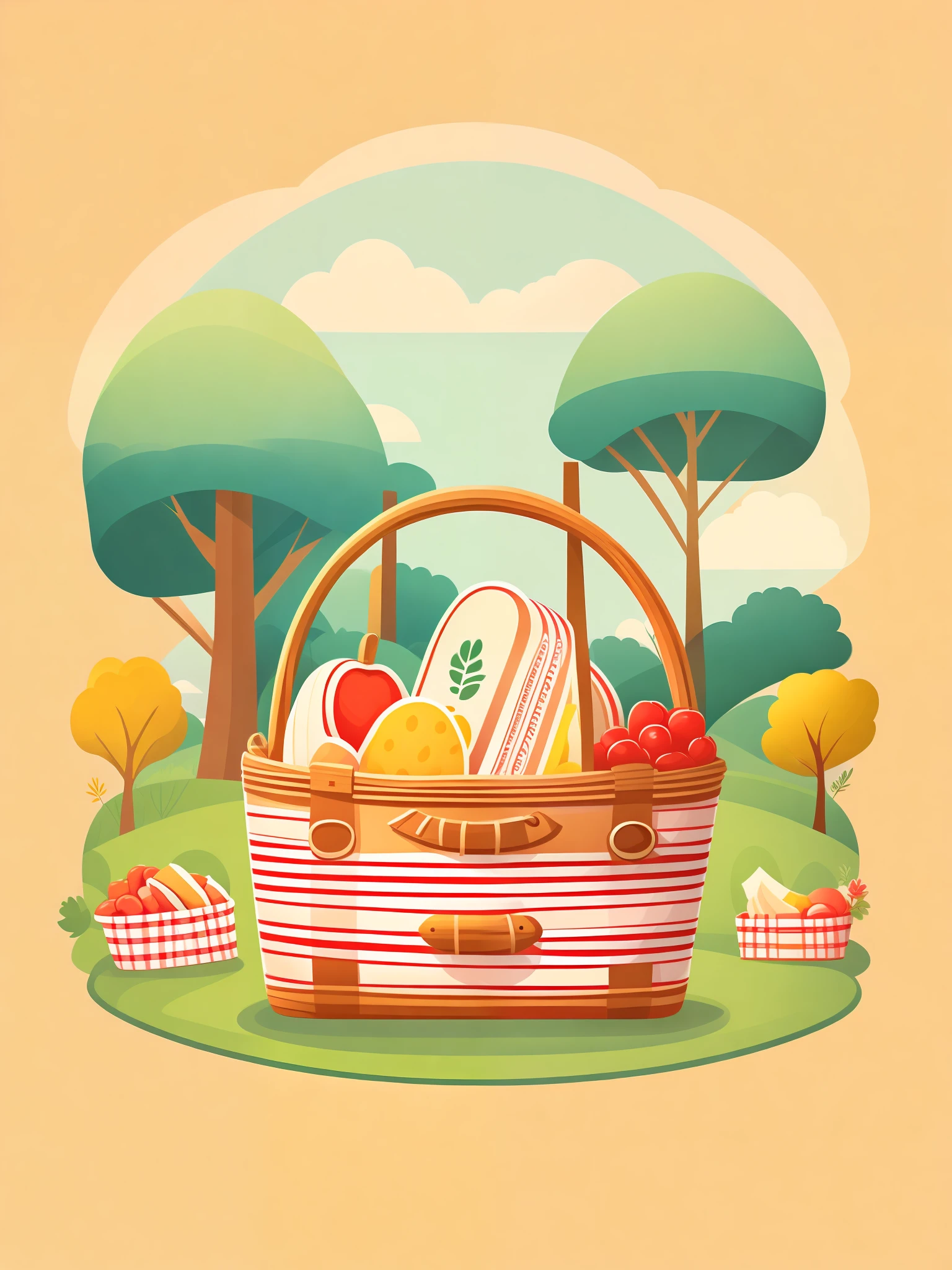 a cute vector drawing of a picnic basket in a park, tshirt design, rzminjourney, vector-art