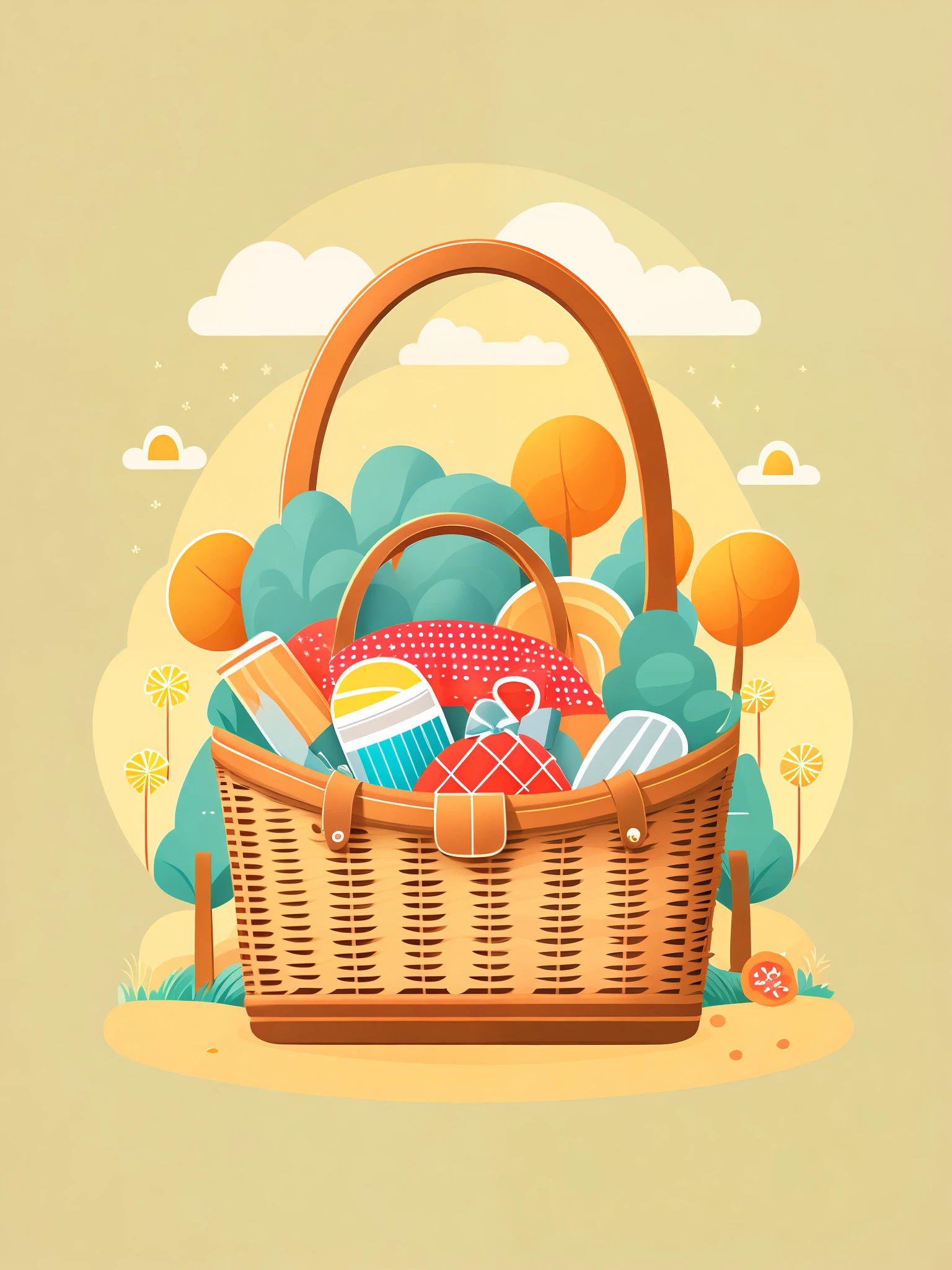 a cute vector drawing of a picnic basket in a park, tshirt design, rzminjourney, vector-art