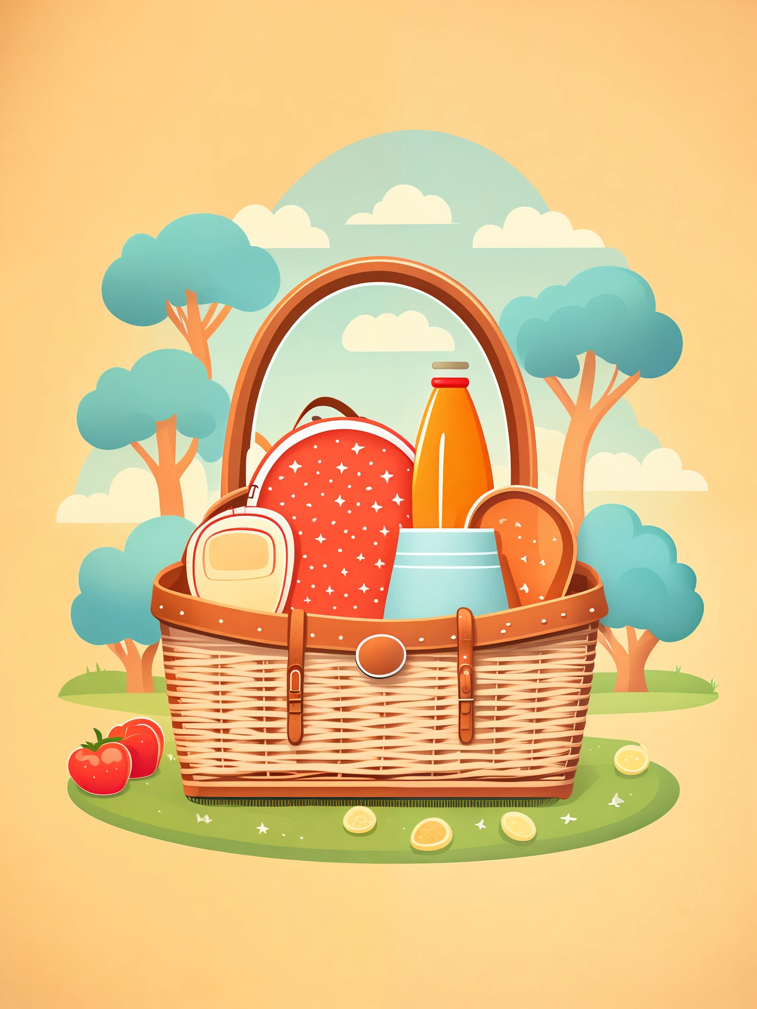 a cute vector drawing of a picnic basket in a park, tshirt design, rzminjourney, vector-art