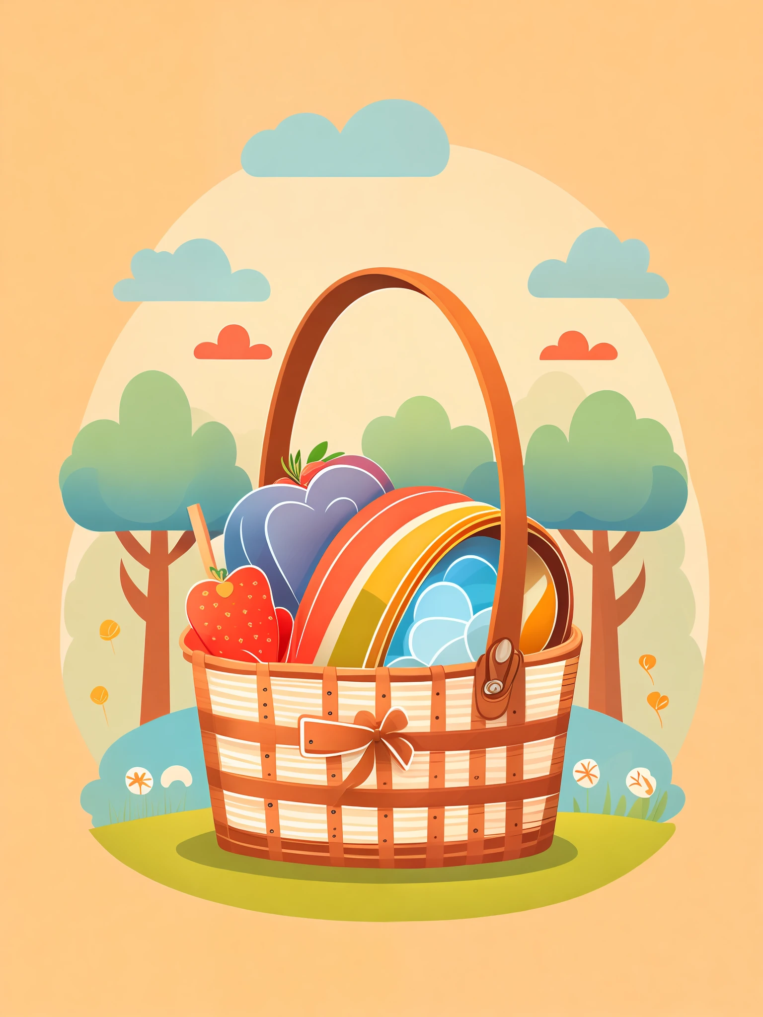 a cute vector drawing of a picnic basket in a park, tshirt design, rzminjourney, vector-art
