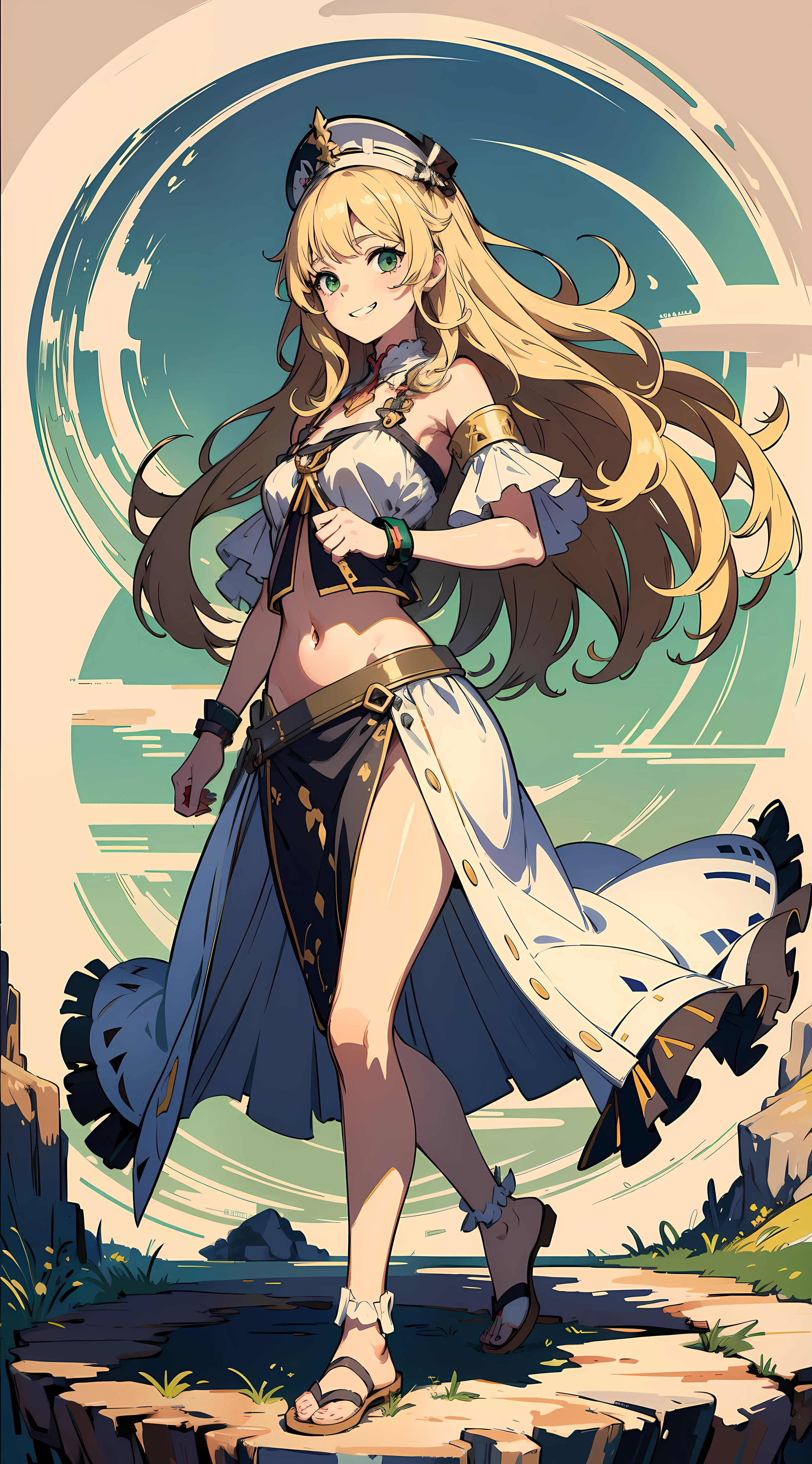 (masterpiece, sharp focus, illustration), detailed face, detailed eyes, detailed hands, (beautiful face:0.4), 1girl, solo, small breasts, , sassy loliin, smile, tied bangs, long bangs, messy hair, perfection, looking away, standing, crop top, very very long blonde hair, wavy hair, messy hair, beige hair, green eyes, (impressionism:1.4), white dress, greek clothes, highres, ultra detailed, abstract background, multicolored background, ugly background, splash art, official art, beautiful, perfect anatomy