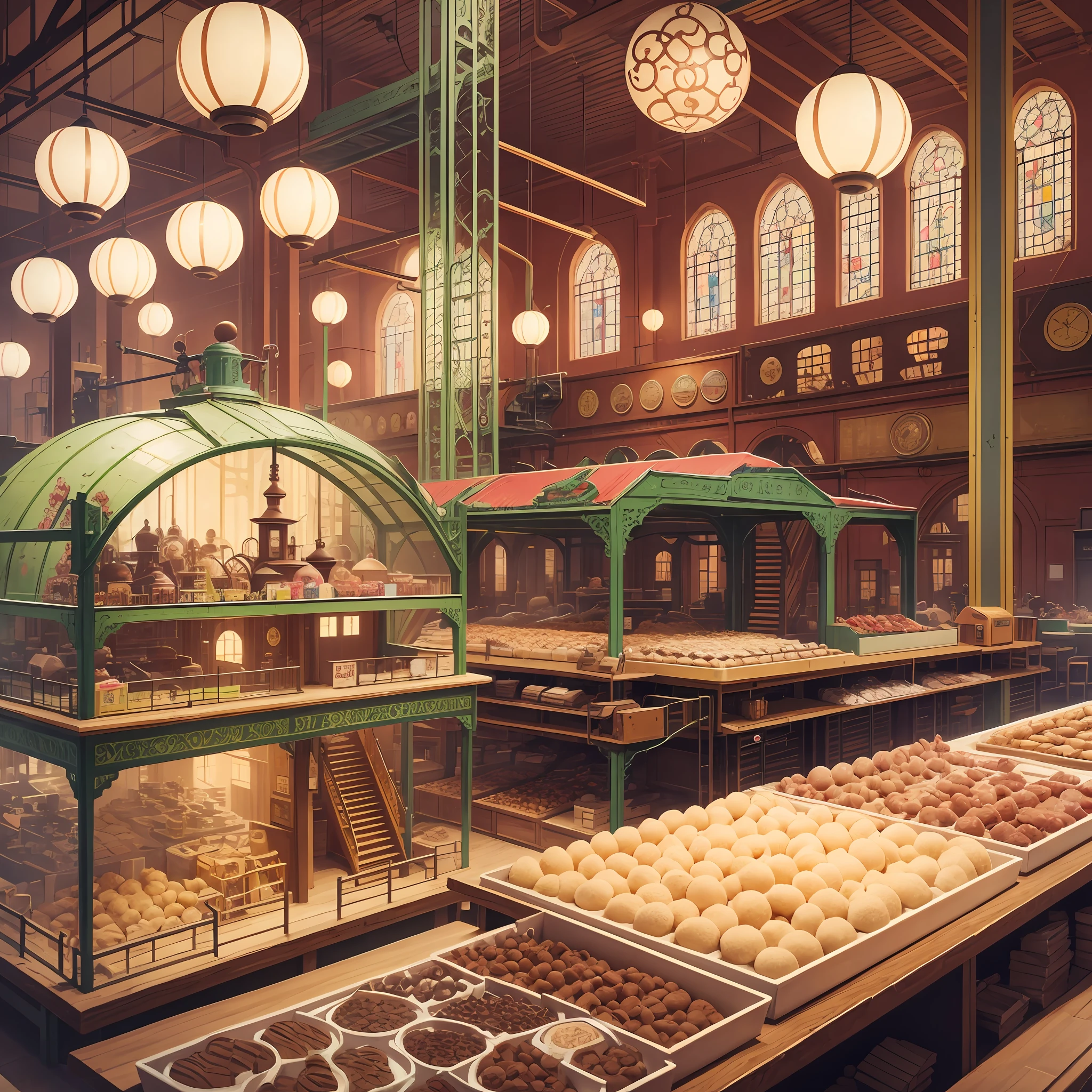 When I arrived at the factory, it was like a dream world. The walls were lined with delicious sweets, and there was a chocolate waterfall, a gumball tree, a cookie tower, a candy production line, and a chocolate fountain, making it a dream confectionery factory. --auto --s2