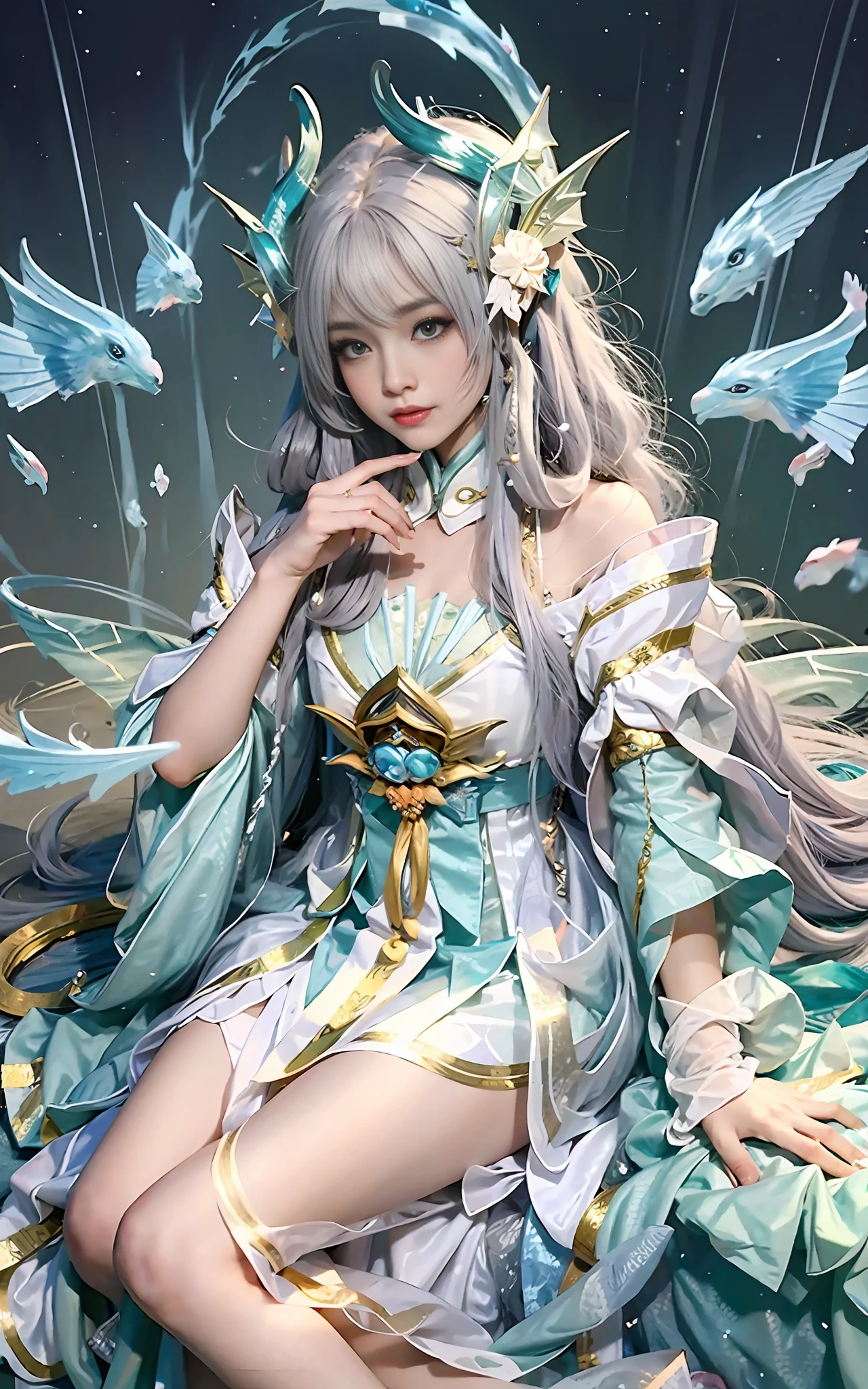 Close-up of women in costumes on stage, full body fairy, beautiful celestial mage, stunning young ethereal characters, beautiful fantasy queen, astral witch costume, Shaxi, flowing magic robe, white Hanfu, fairy fantasy, beauty Delfin, ethereal fantasy, elegant and charming cosplay, Hirase Jinyao, half lying on the ground, charming and colorful, very coquettish