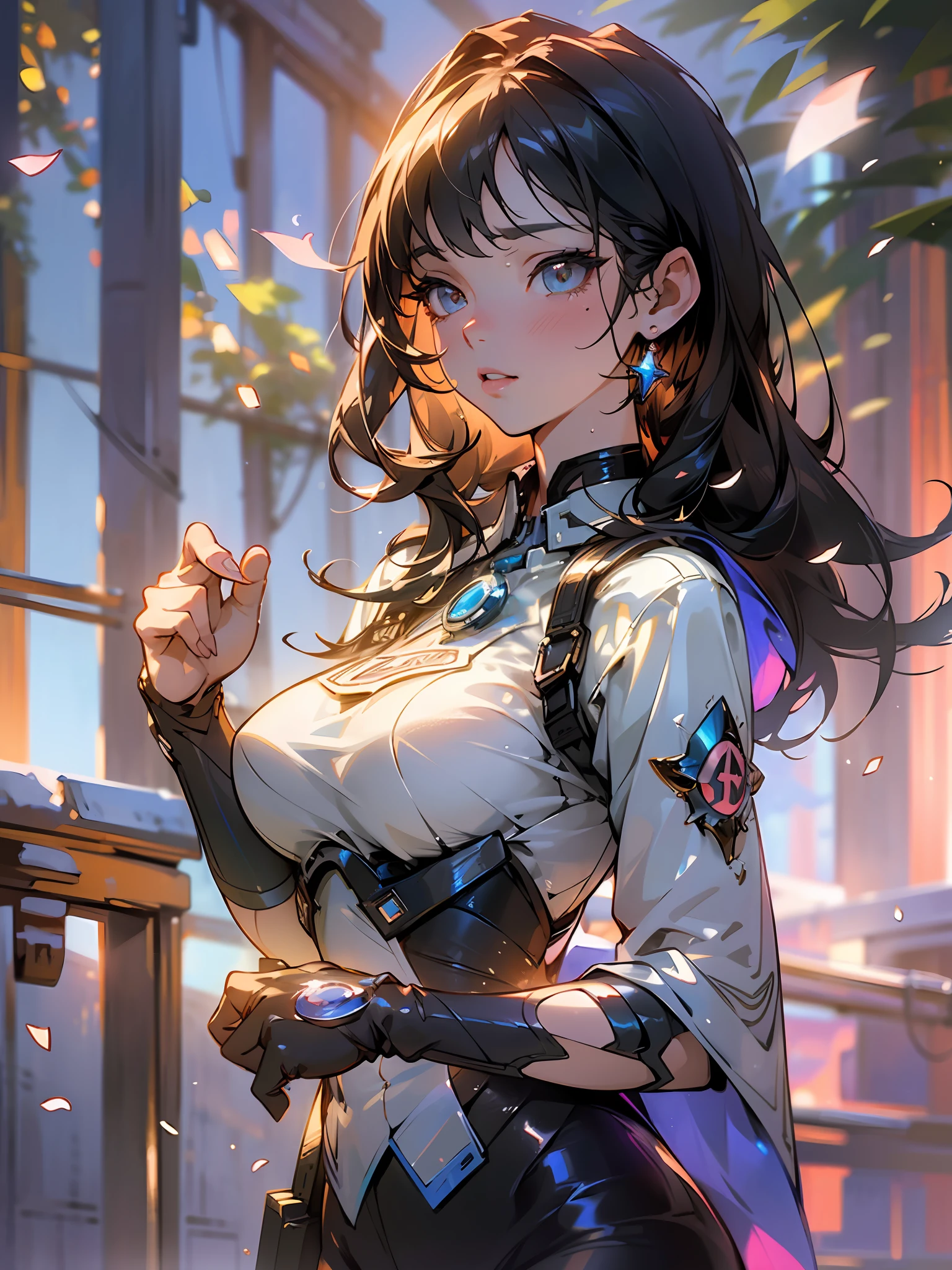 (photorealistic:1.3),(hyperrealistic:1.3),(extremely detailed CG unity 8K wallpaper),(beautiful and clear background:1.2), detailed background, (rim lighting, spot lighting:0.75), ((good anatomy)),fashion model, (finely detailed face and beautiful eyes),(cowboy_shot:1.3),dynamic angle, (1girl), solo, wet clothes, large breasts, cool & sexy \(idolmaster\),, looking away, petals,reflection light,out door,warm light,