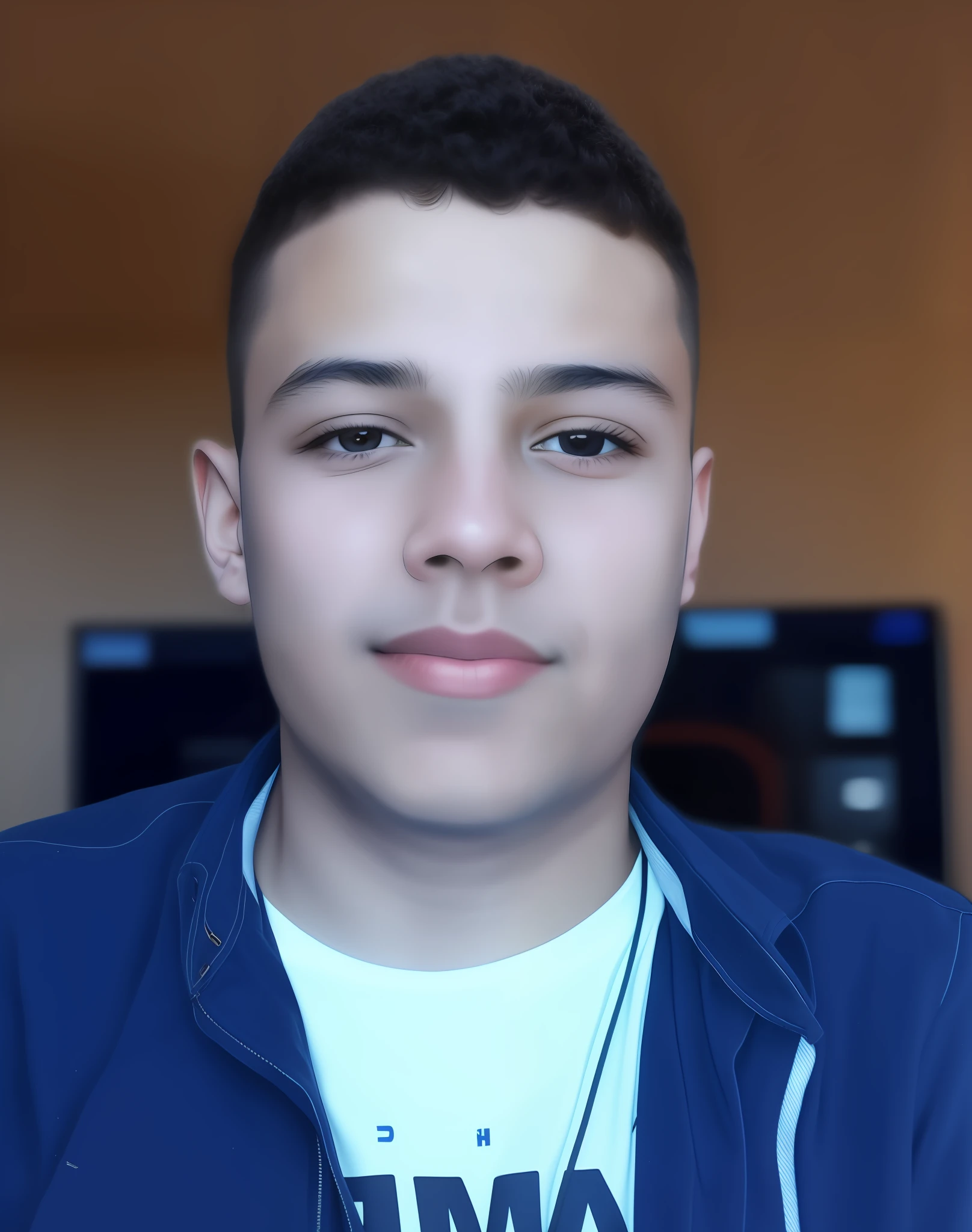 Arafed man with a blue jacket and a white shirt, about 12 years old, headshot profile picture, Riyahd Cassiem, front photo, programmer/gamer Ludwig, Ismail, high quality 4k photo, taken in early 2090, half-body headshot 1024px profile picture