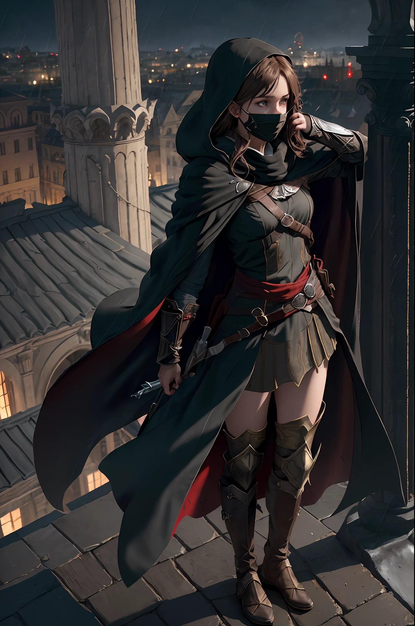 (extremely detailed CG unity 8k wallpaper,masterpiece, best quality, ultra-detailed), 1girl, flat chest, petite, brown hair, green eyes, assassin's creed, black cowl, black cloak, mask, red trim, intricate cloak, standing on rooftop, greco-roman architecture, (night), rain,