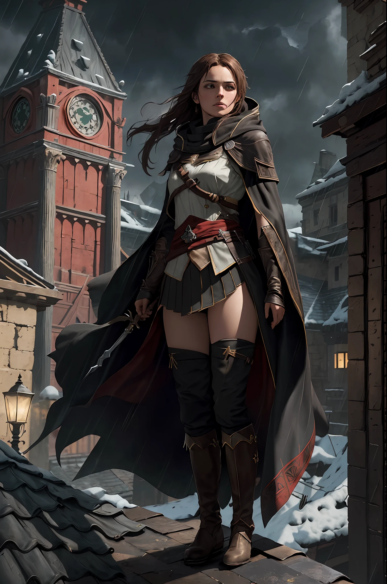 (extremely detailed CG unity 8k wallpaper,masterpiece, best quality, ultra-detailed), 1girl, flat chest, petite, brown hair, green eyes, assassin's creed, black cowl, black cloak, mask, red trim, intricate cloak, standing on rooftop, greco-roman architecture, (night), rain,