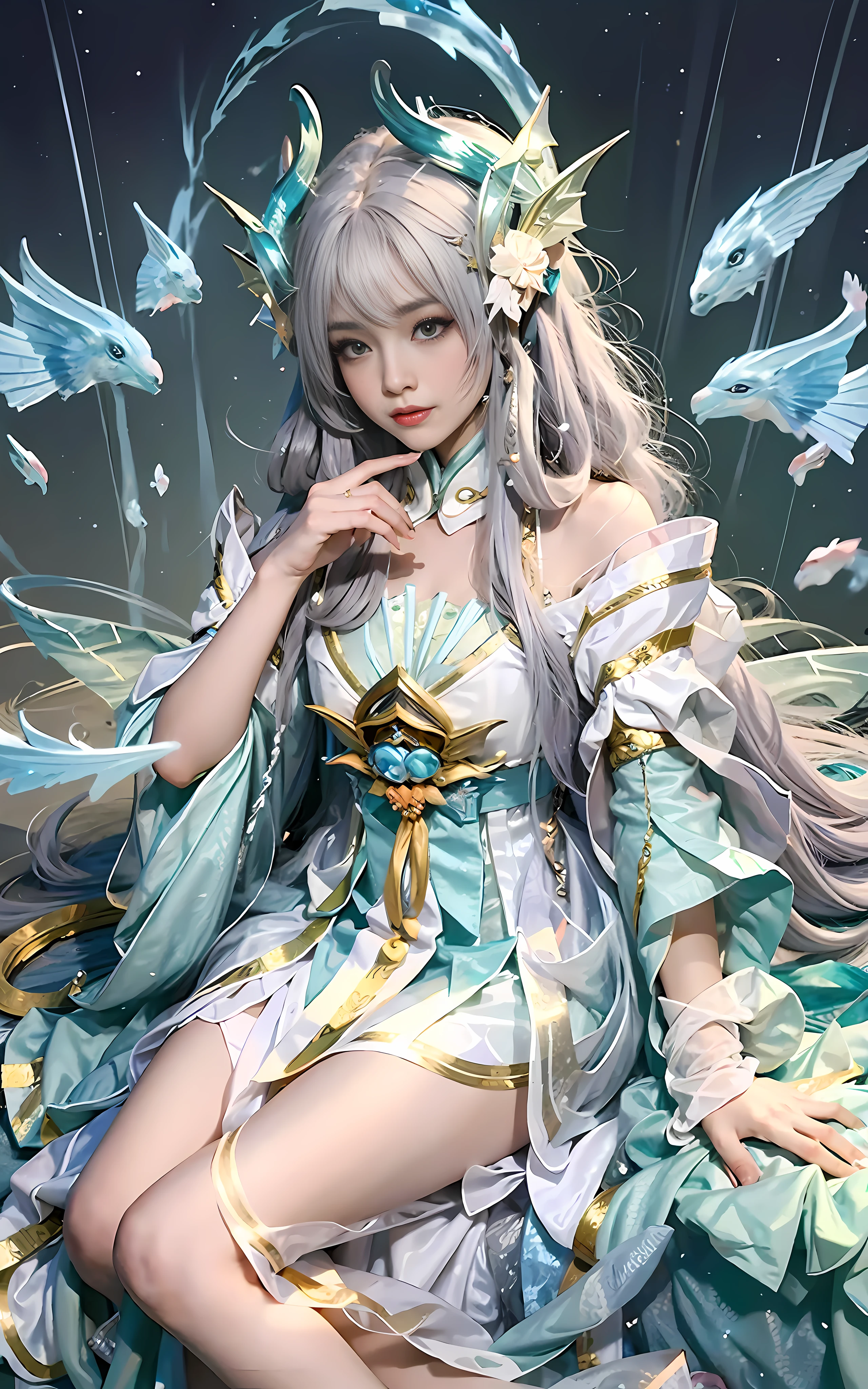 Close-up of women in costumes on stage, full body fairy, beautiful celestial mage, stunning young ethereal characters, beautiful fantasy queen, astral witch costume, Shaxi, flowing magic robe, white Hanfu, fairy fantasy, beauty Delfin, ethereal fantasy, elegant and charming cosplay, Hirase Jinyao, half lying on the ground, charming and colorful, very coquettish
