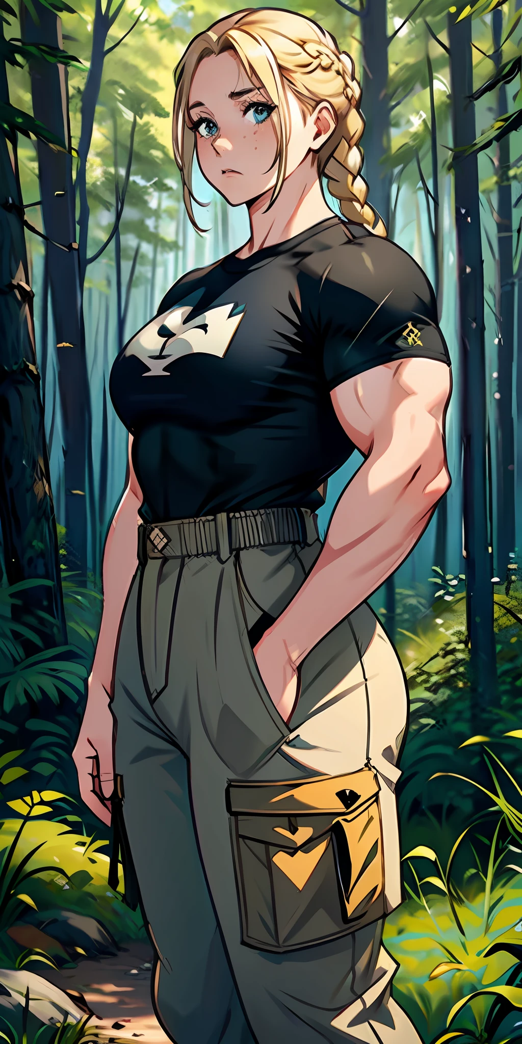 Girl, serious face, brave, freckles hair: blonde, braid, muscular, broad shoulders, thighs large, small chest, black t-shirt, pants military cargo: beige, background: forest