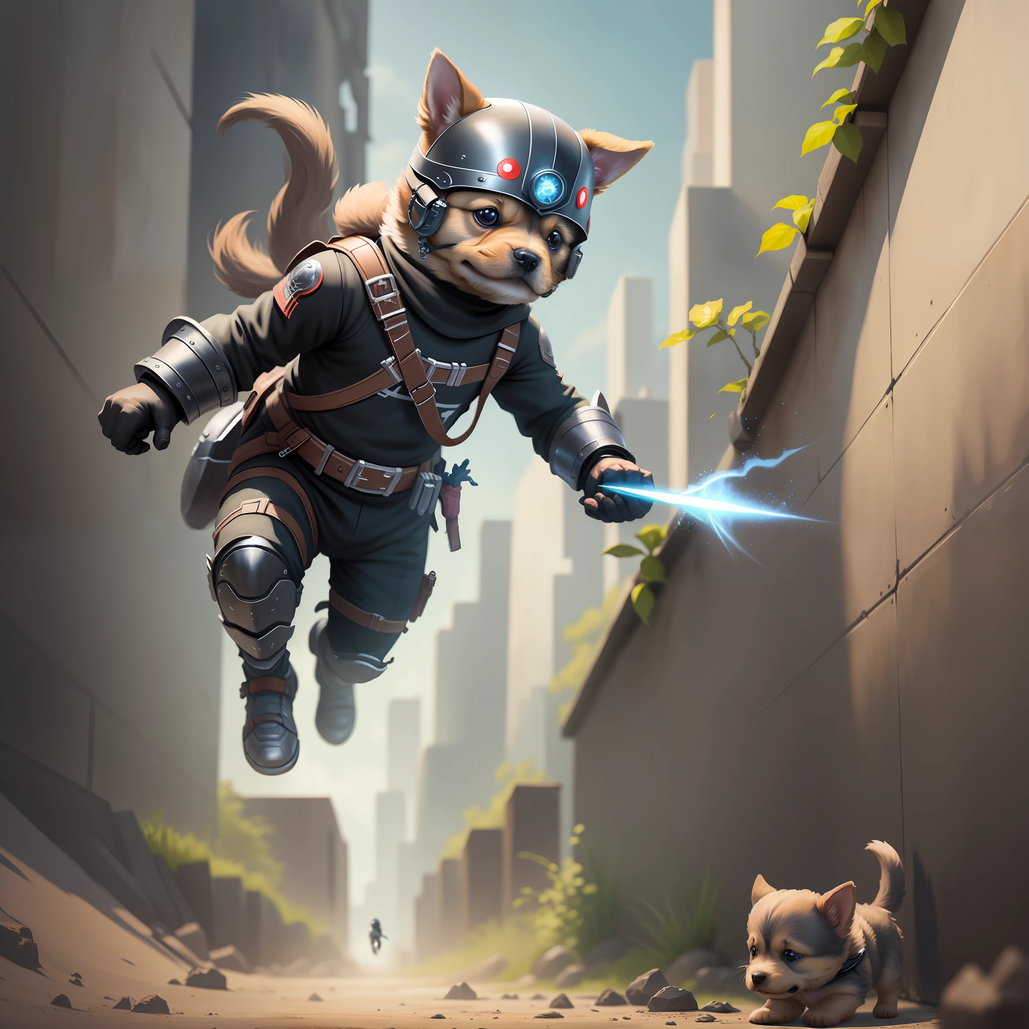 Ultra-realistic artwork, depict an adorable Yorkshire puppy wearing futuristic ninja armor as he embarks on a thrilling adventure.