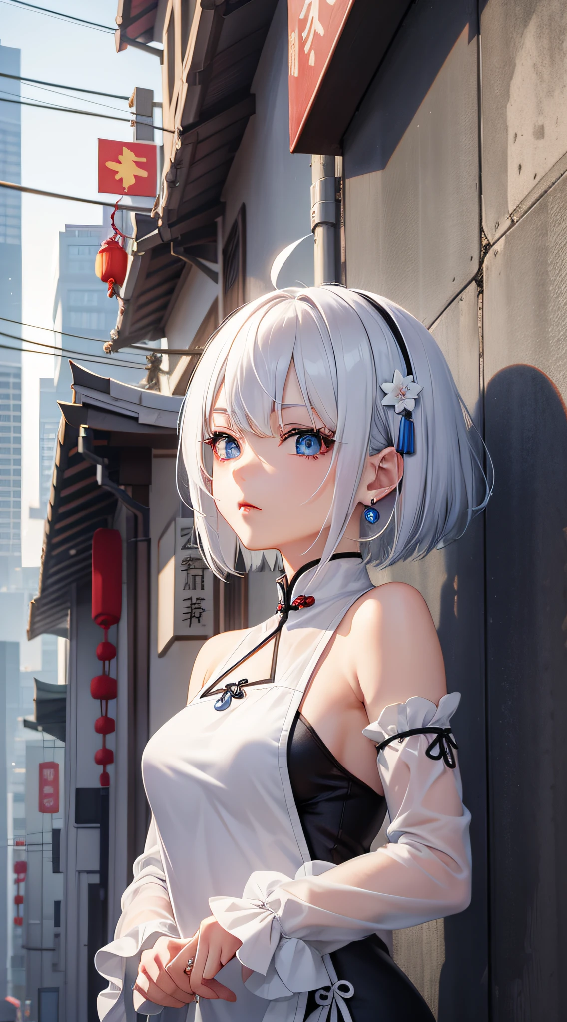 Under the Chinese element building there is an anime girl with white hair and blue eyes, delicate face, short hair, red stud earrings