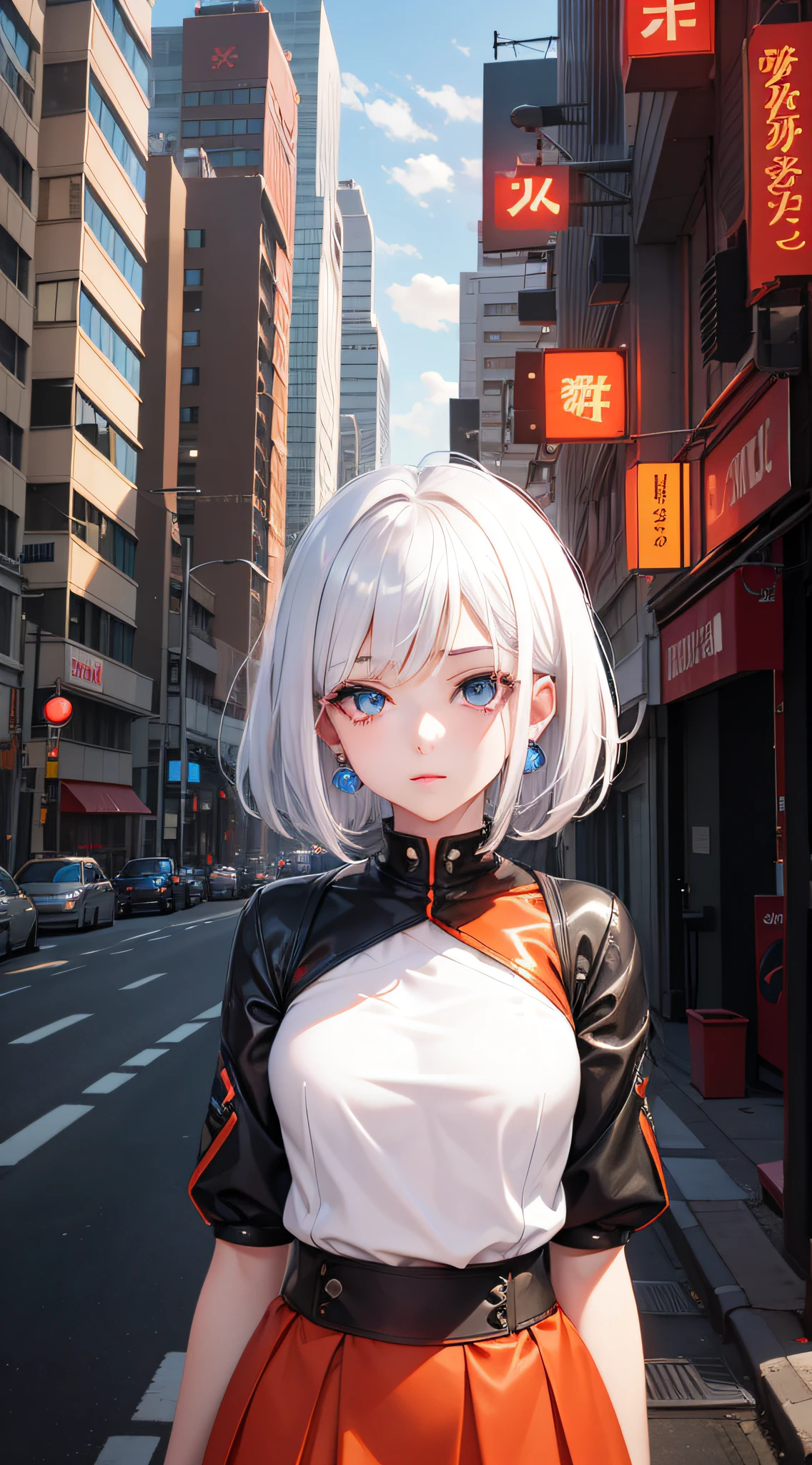 Anime girl with white hair and blue eyes under the city building, delicate face, short hair, full body like sideways, red stud earrings, white top, orange short skirt, modern architecture, led billboards, lots of led billboards, orange led lights, face close-up, angel face