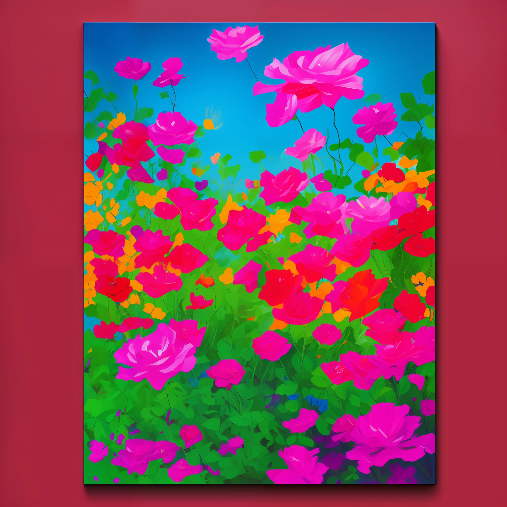 Rosas, vibrant and passionate, with deep crimson red petals, arranged in a bouquet bursting with energy and movement, a bohemian-style room with colorful tapestries and floor cushions, sunlight streaming through a stained glass window, creating a kaleidoscope of colors, a vintage record player playing melodic tunes, evoking a sense of artistic and free-spirited ambiance, Painting, acrylic on canvas with bold and expressive brushstrokes, --ar 16:9 --v 5, Monet, backlighting, glowing light, high quality, high details, best quality, 16k, super detail --auto --s2