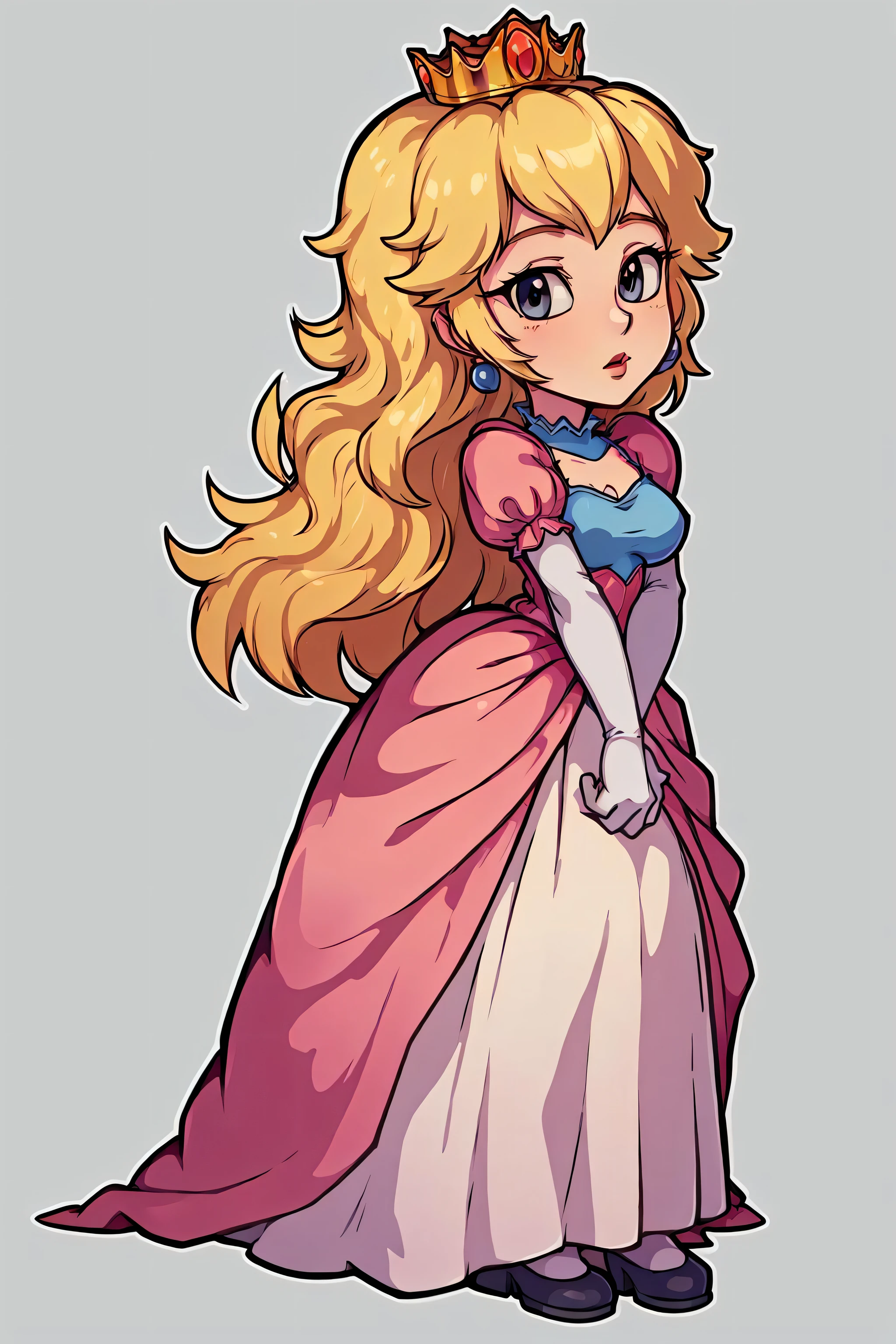 (best quality, masterpiece),
(princess peach), simple background, full body, (solid outline:1.2),