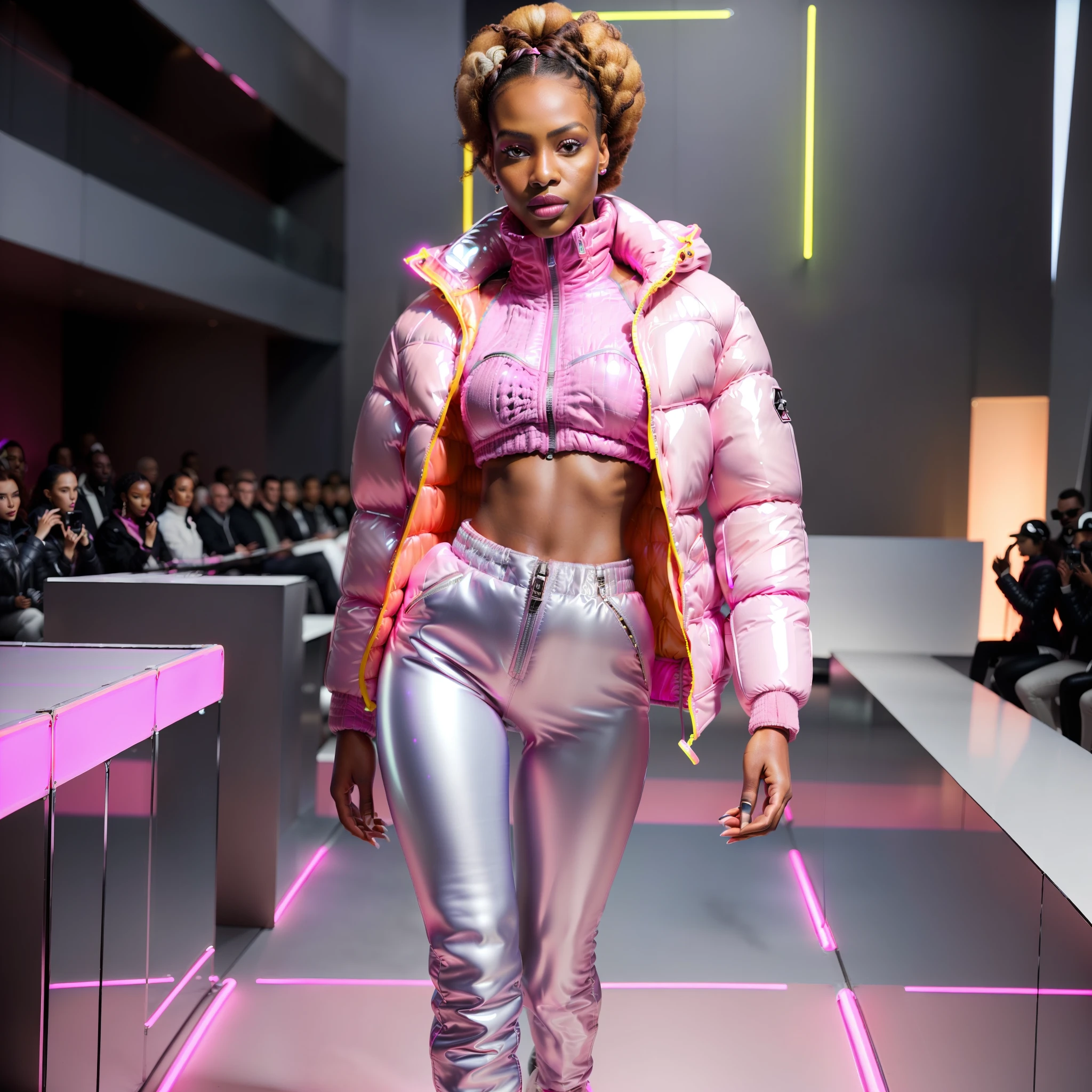 ((( an ultra realistic full body model)))), (((posing glamorous ))),(legs slightly apart), (solo on the catwalk), with perfect Kenyan African facial features, ultra realistic skin, skin pores, afro hair, braided, ultra detailed in hd, with confident expression, wearing (((Balenciaga puffer style jacket oversized:1.5 , ultra definition))) (purple pants) , turtleneck shirt, modern sneakers , (((pink jacket, vivid color,  neon,))) perfect lighting,(bring high fashion show environment, futuristic, perfect audience,ultra realistic), best quality, superior quality, image masterpiece, high resolution image