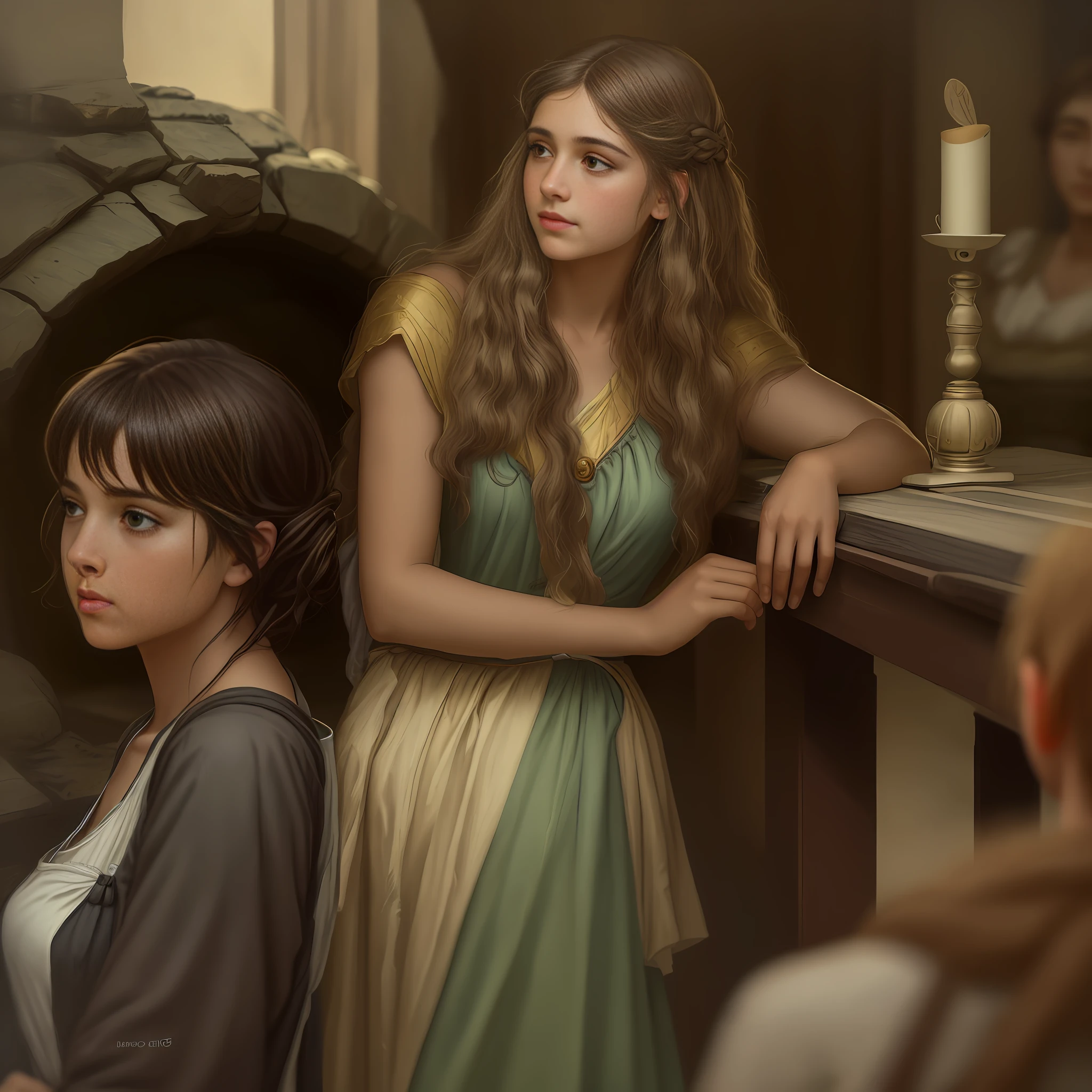 Show this young man talking to three girls,retain the same style as the original image texture and appearance,    the atmosphere of the ancient Greek past, captured in an artistic style similar to that of Alma Tadema. The image, while a realistic visual representation, avoids showing any reference to modern technology. Instead, the scene is portrayed as if it were a classic painting, without the presence of the Canon EOS 5D Mark IV camera used to