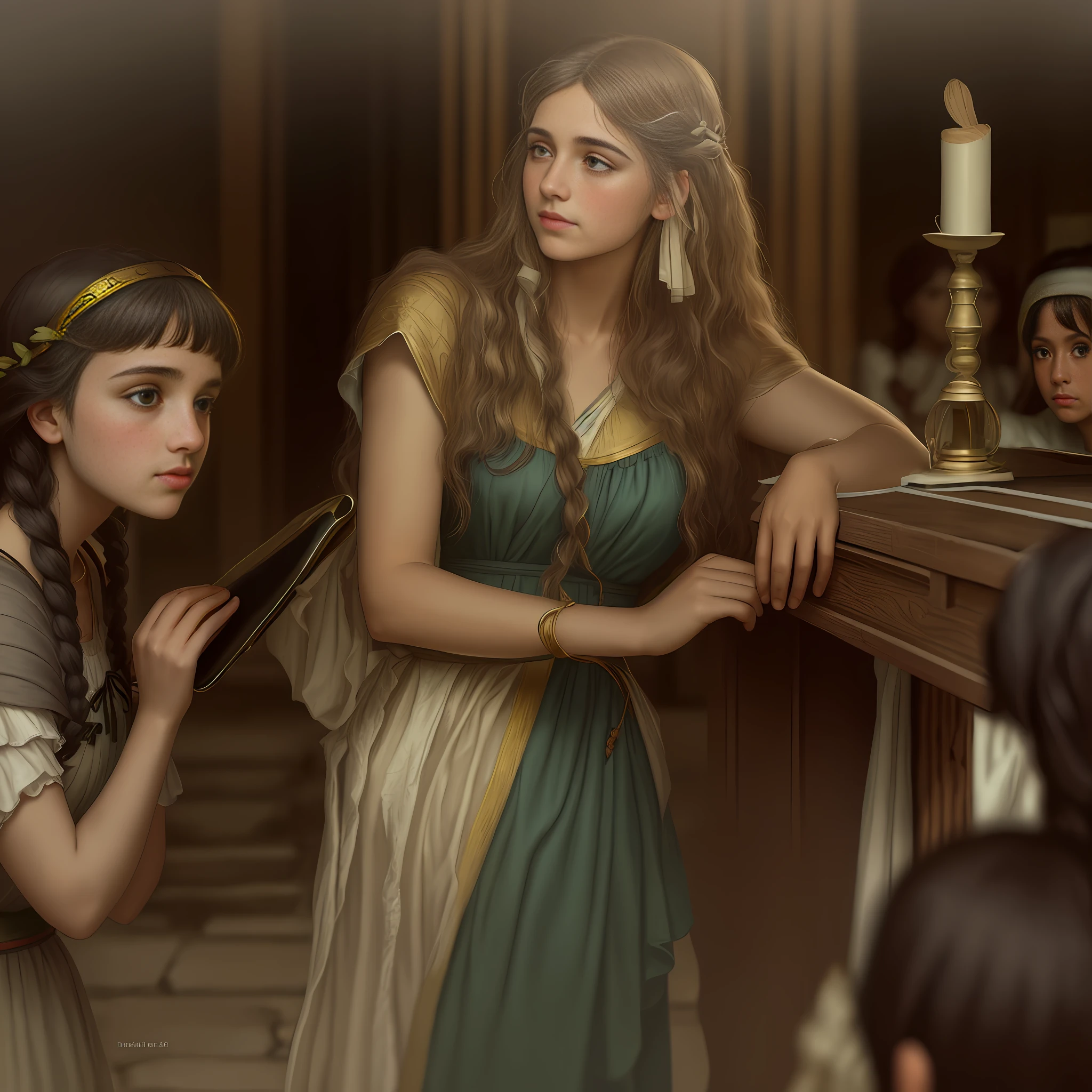 Show this young man talking to three girls,retain the same style as the original image texture and appearance, the atmosphere of the ancient Greek past, captured in an artistic style similar to that of Alma Tadema. The image, while a realistic visual representation, avoids showing any reference to modern technology. Instead, the scene is portrayed as if it were a classic painting, without the presence of the Canon EOS 5D Mark IV camera used to