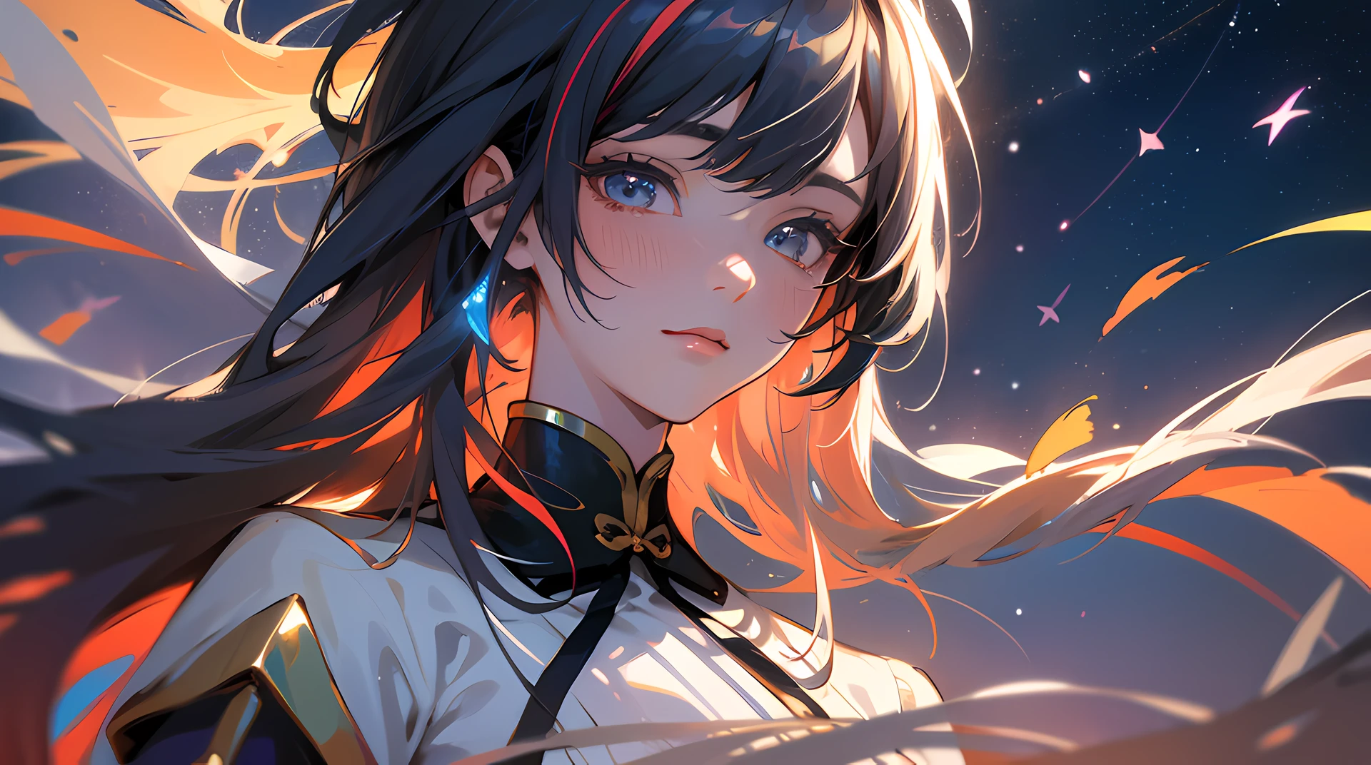 anime frame, fighting,powers, magic,princess,knight,Fire,FIGHTING,highly detailed,masterpiece,illustration,black ribbon,beautiful detailed glow,hairs between eyes,bowties,best quality,extremely detailed CG unity 8k wallpaper,beautiful detailed white gloves,side blunt bangs,{{{streaked hair}}},blood on face,blush,WAR,(masterpiece, best quality, ultra-detailed, fantasy, illustration:1.3), elaborate features, beyond reality, (multicolored hair, sidelighting, lustrous skin:1.2), {{best quality}}, {{masterpiece}}, {{ultra-detailed}}, {illustration}, {detailed light}, {an extremely delicate and beautiful}, messy floating hair, colored inner hair, Starry sky adorns hair, depth of field,((two-tone hair)),black ribbon,beautiful detailed glow,Correct posture,china,wearing hanfu,xianxia,china style,