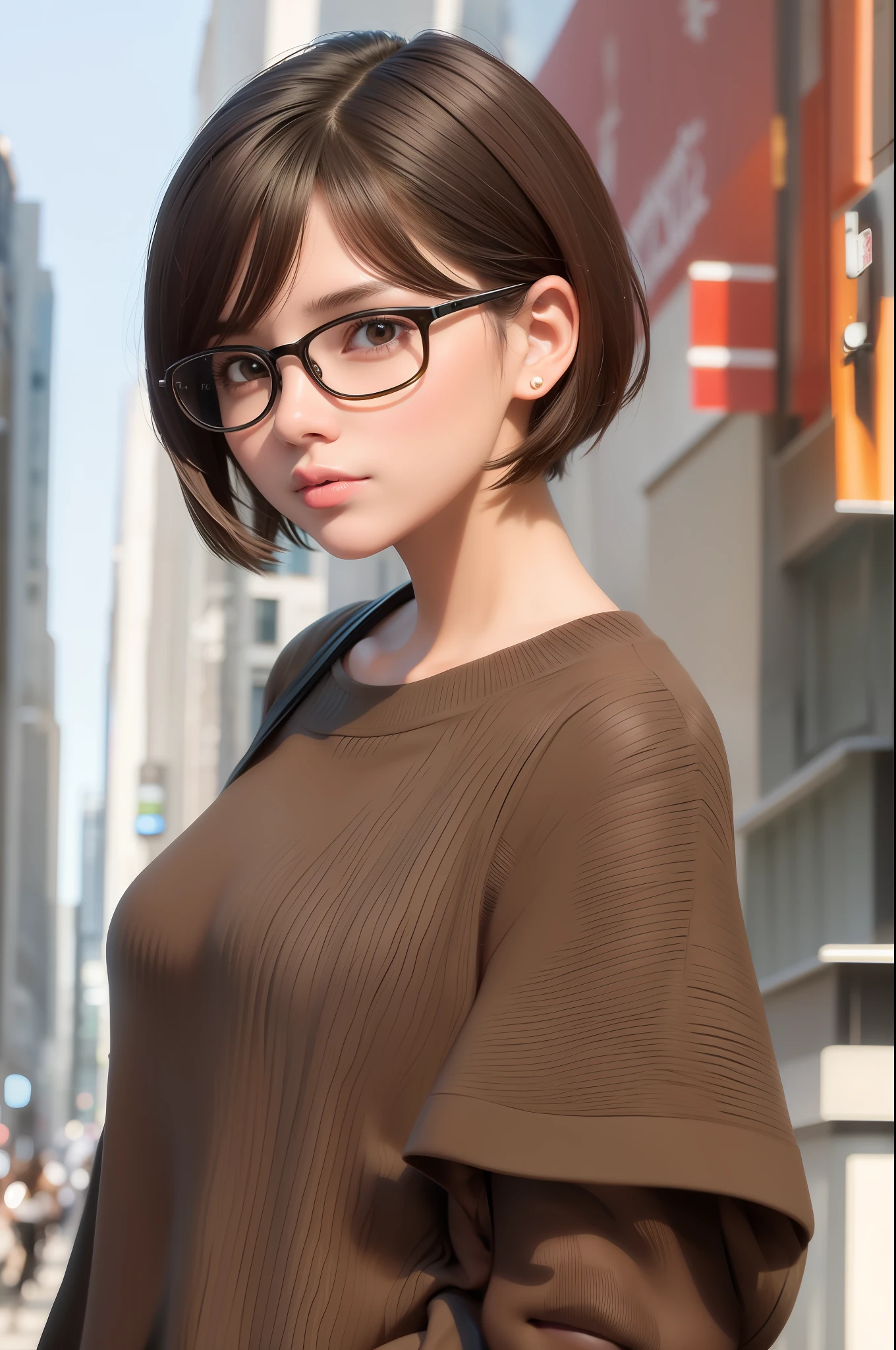 Top quality, masterpiece, (realism: 1.2), 1 girl, black-rimmed glasses, brown short bob hair, brown eyes, frontal, detailed face, beautiful eyes, city street