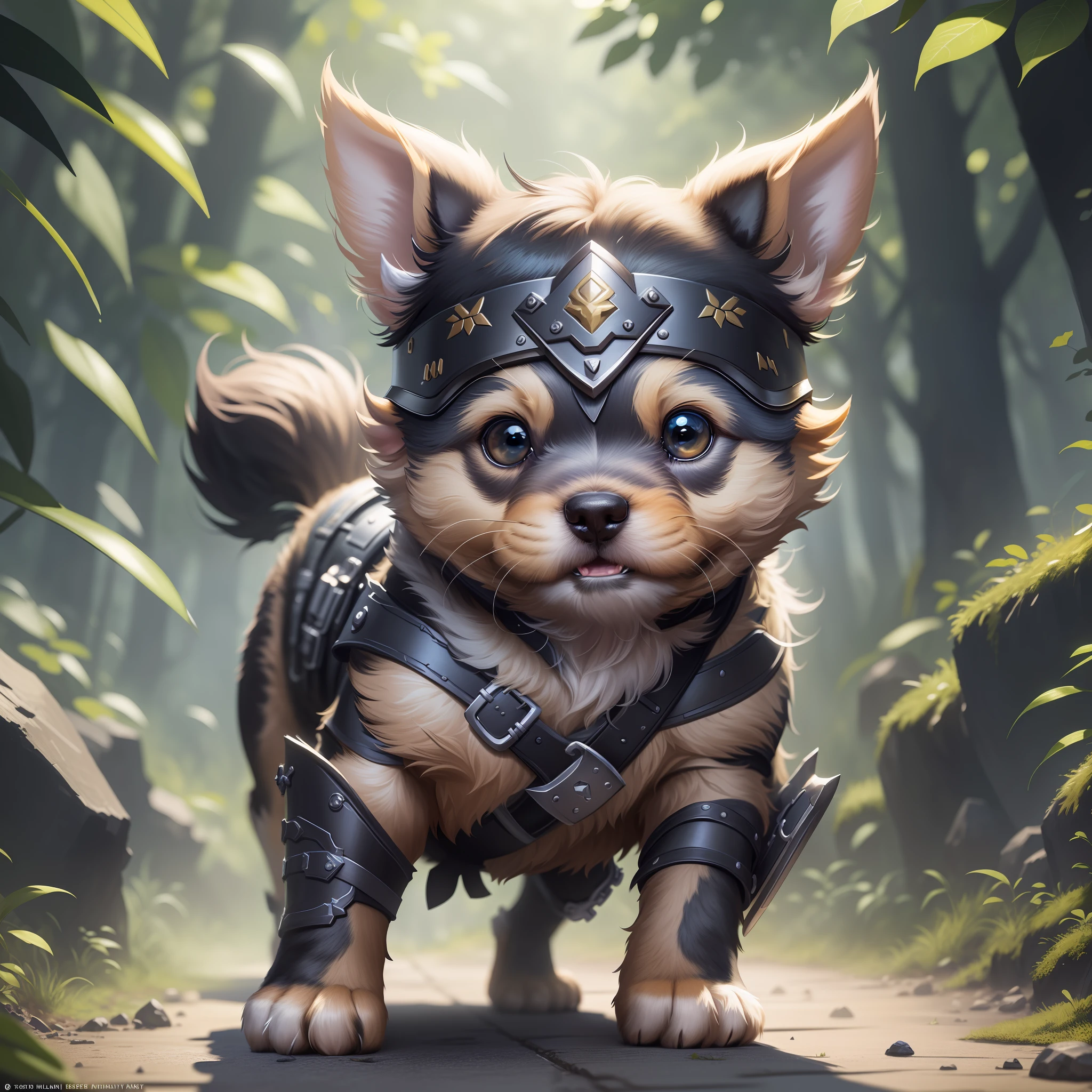masterpiece: 1.2), best quality, high resolution, unity 8k wallpaper, (illustration: 1.0), gorgeous detailed, extremely detailed, perfect lighting, extremely detailed CG, depict an adorable Yorkshire puppy wearing ninja armor as he embarks on an exciting adventure.