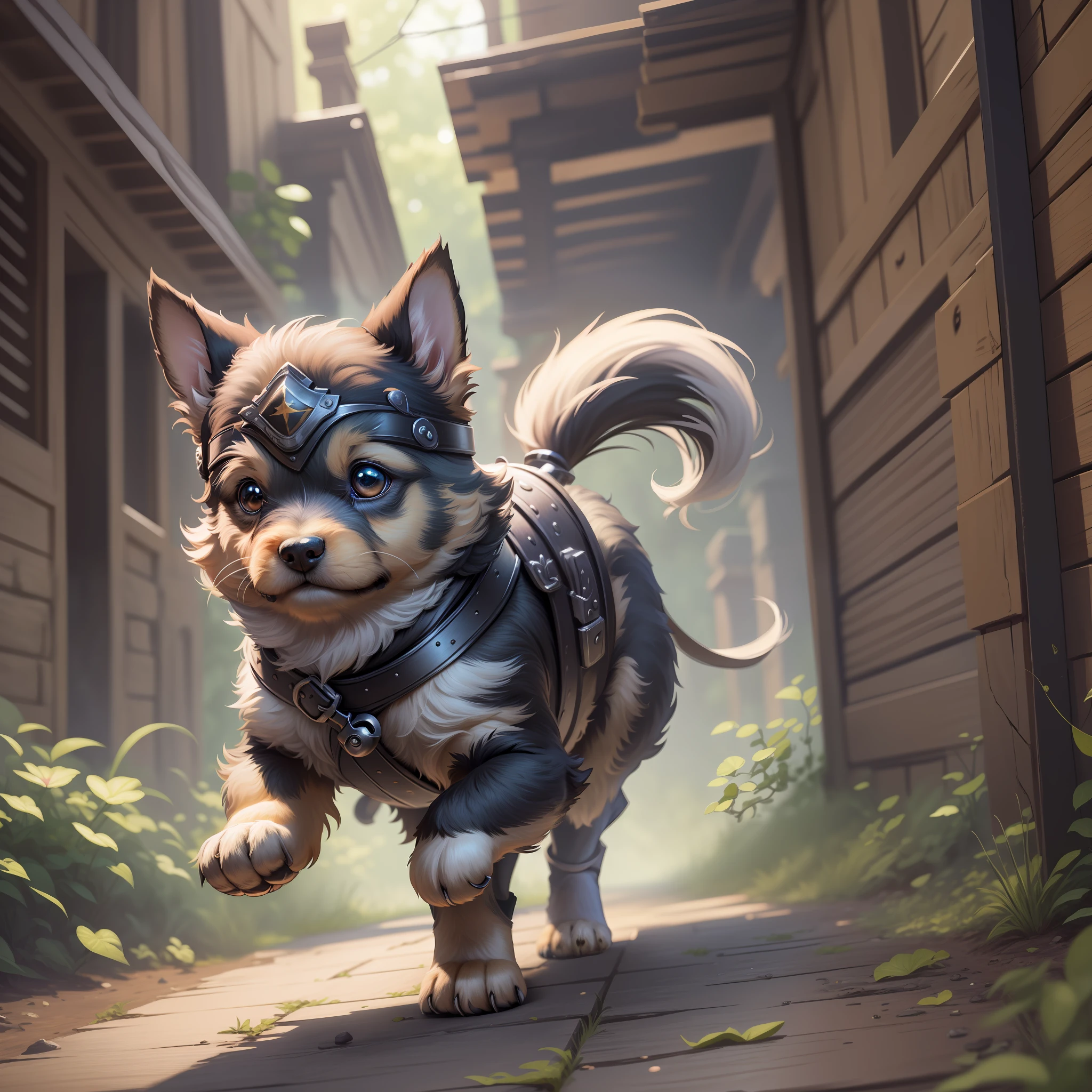 masterpiece: 1.2), best quality, high resolution, unity 8k wallpaper, (illustration: 1.0), gorgeous detailed, extremely detailed, perfect lighting, extremely detailed CG, depict an adorable Yorkshire puppy wearing ninja armor as he embarks on an exciting adventure.
