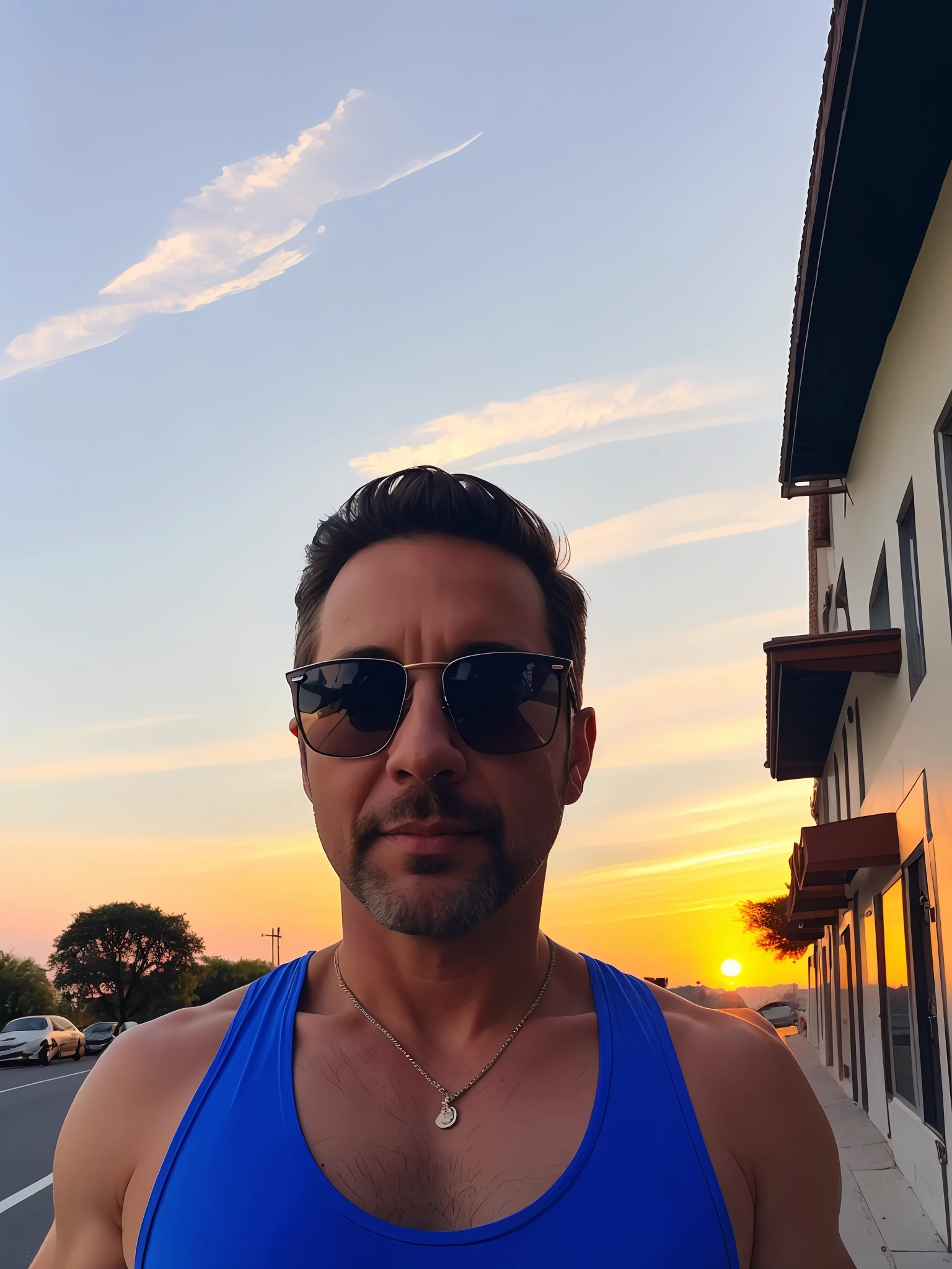 There is a man wearing sunglasses standing on the street, (38 years old), 8k selfie photography, improve image quality, enhance image, tank top with muscles, sunset beautiful sky
