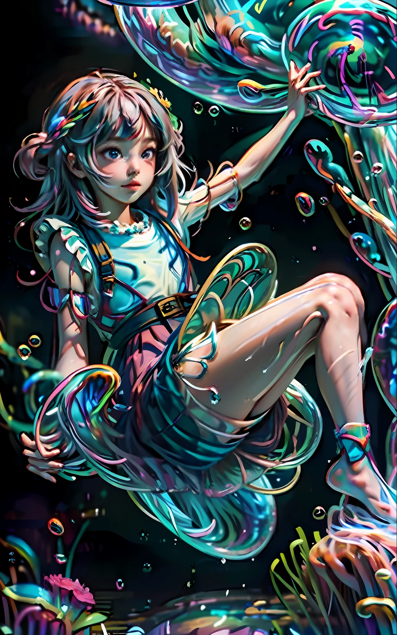 masterpiece), (best quality), (official art, extremely detailed 8k CG unity wallpaper), (very detailed), ((absurd), 1girl, mid-shot, (exquisite facial features), (serafuku: 1.3) (( SFW)),((light hands)), ((white thighs without shoes)),aqua eyes, colored contact lenses, stars in eyes, (((colored bubble))), colored glass, (album cover), her hair stood out floating above her head, multicolored bubbles, she buddies a black skirt with flower embroidery, she is underwater, she floats in the water, she reaches out to a shiny and translucent fish, colorfull
