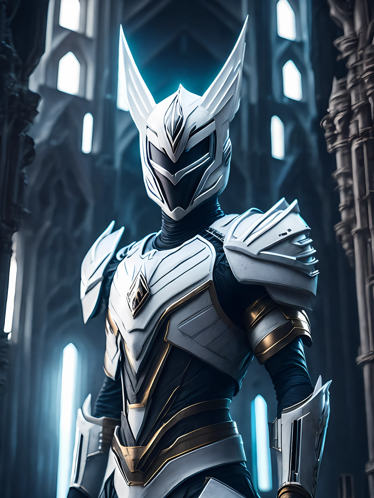 gloomy portrait of White Ranger from Power Rangers, with intricate angular cybernetic implants inside a brutalist building, gothic brutalist cathedral, cyberpunk, award-winning photo, bokeh, neon lights, cybernetic limb