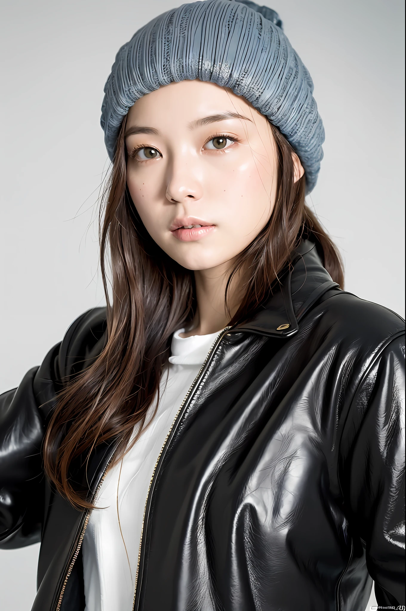 ((8k:1.27), best quality, masterpiece, ultra highres:1.2) Photo of a beautiful Japanese woman (linda:1.1) (science fiction warrior woman:1.1) space soldier, (beanie:1.61) (leather jacket:1.21) intricate elegant, costumed, detailed, metric by greg rutkowski and alphonse mucha, gradient lighting, straight cut hair
