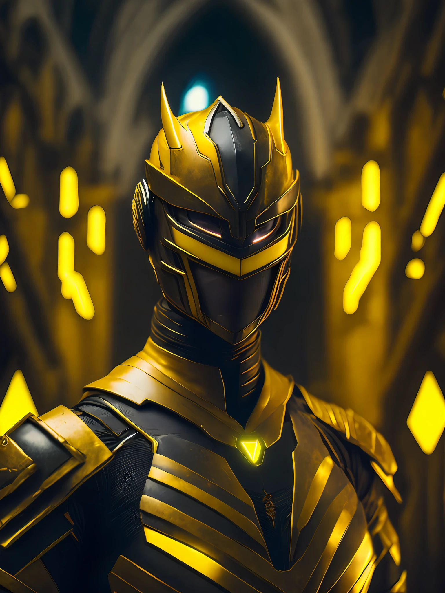gloomy portrait of Yellow Ranger from Power Rangers, with intricate angular cybernetic implants inside a brutalist building, gothic brutalist cathedral, cyberpunk, award-winning photo, bokeh, neon lights, cybernetic limb