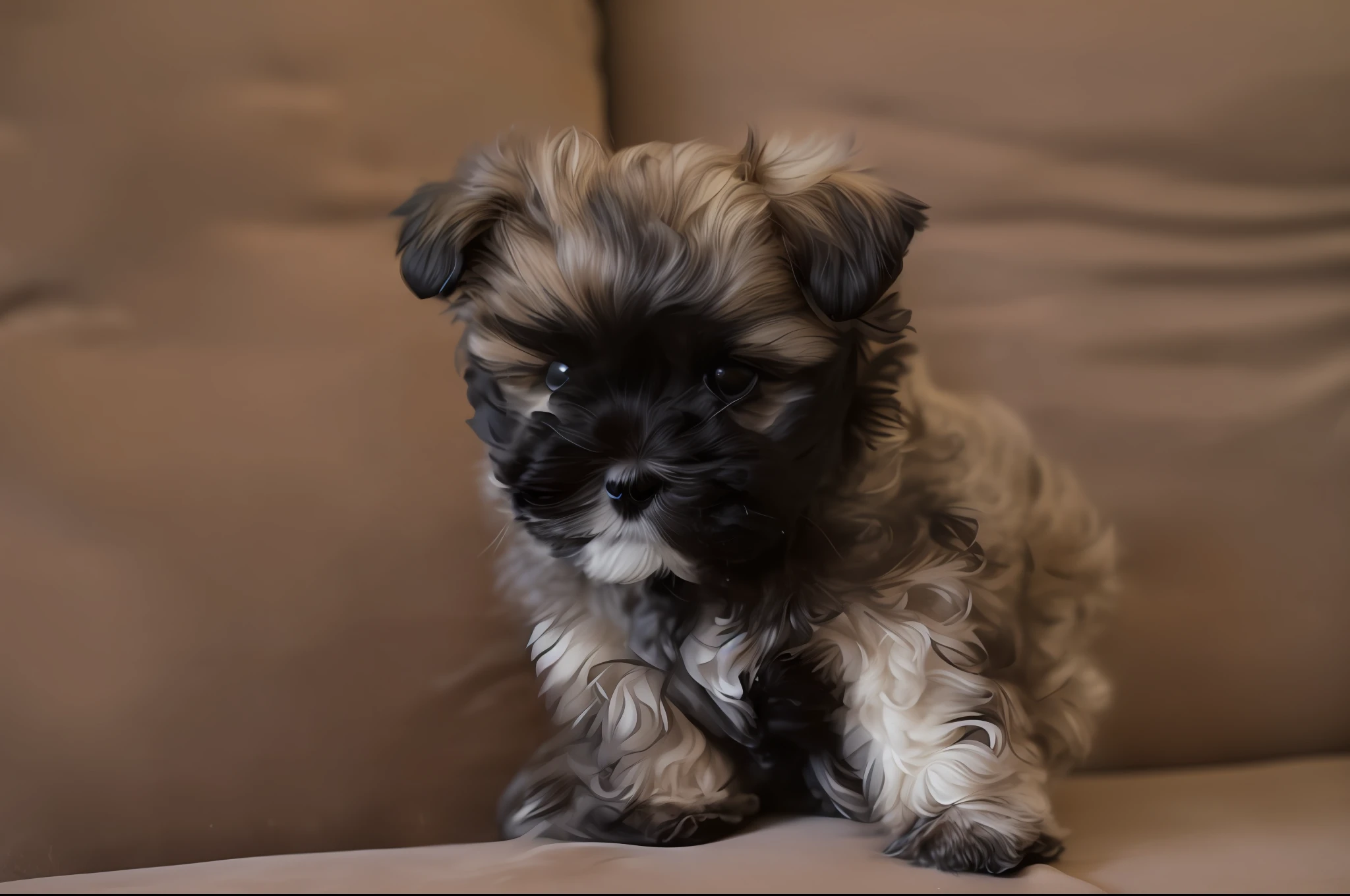 there is a small dog sitting on a couch with a pillow, shih tzu, puppy, cutest, incredibly cute, puppies, kitten puppy teddy mix, scruffy looking, detailed photograph, extremely cute, bella, super adorable, taken with canon 8 0 d, looking cute, fluff, taken with canon eos 5 d, taken with a canon eos 5 d