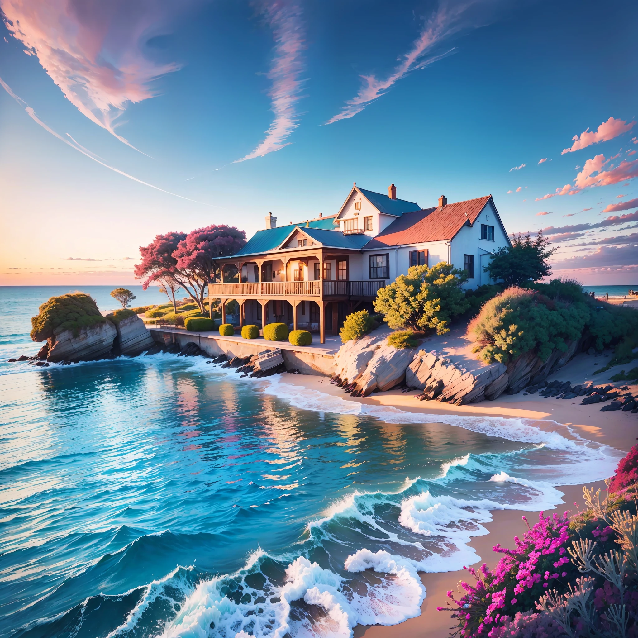 (inn, seascape, calm waters, colorful sky, love, romance, smiling, happiness, peace)"