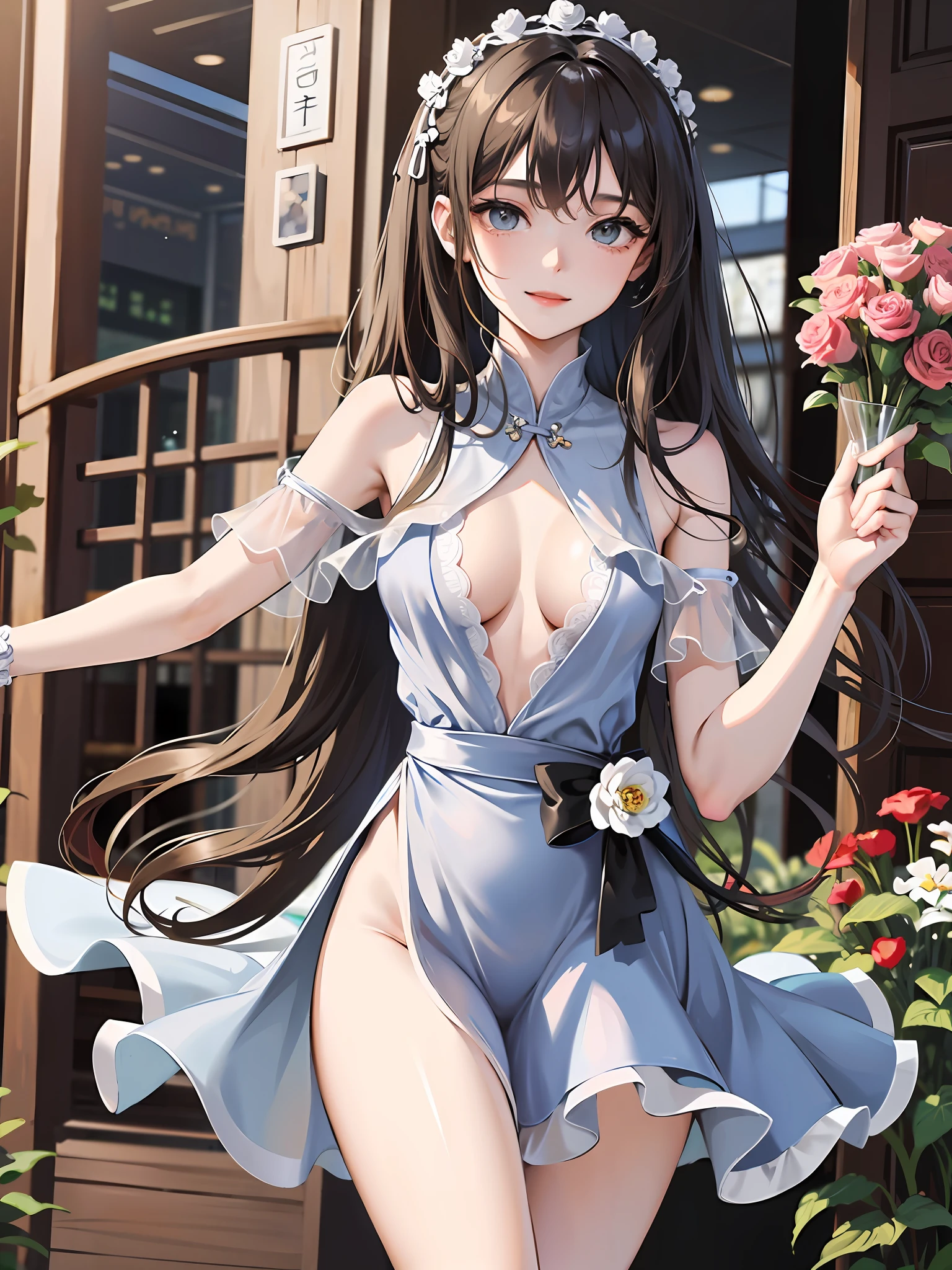 (Masterpiece, high quality, high detail), a girl, Ze Tai Long Iki, sexy, detail face, smile, folio dress, thin waist, broken flowers, silk dress, cowboy shot, romantic style, thin fabric, exposed figure, from below, garden, medium breasts, no panties, thin cloth, thighs, dream style