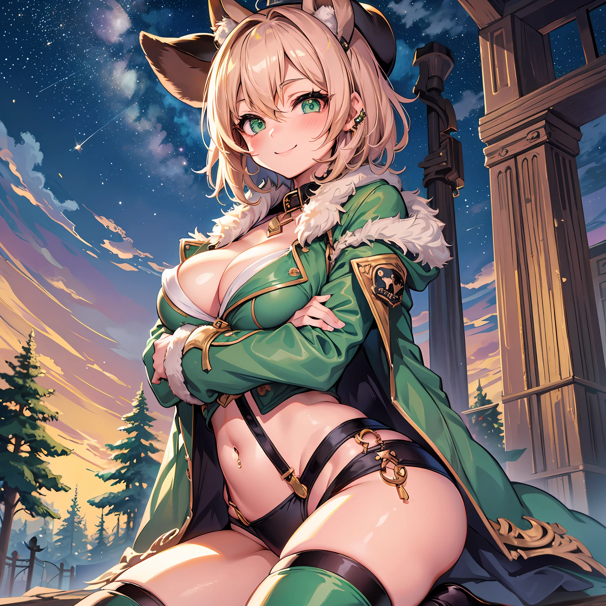 masterpiece,best quality,1girl,solo,piratetawna,two-tone hair,ear piercing,detailed eyes,(furry) ,short hair,green eyes,blush, (short jacket) ,cleavage,crossed arms,looking at viewer,smile,forest,cartoon style, cute, (breast:1.4) full body picture, thick thighs, camel toe, night city, night time sky full of stars,