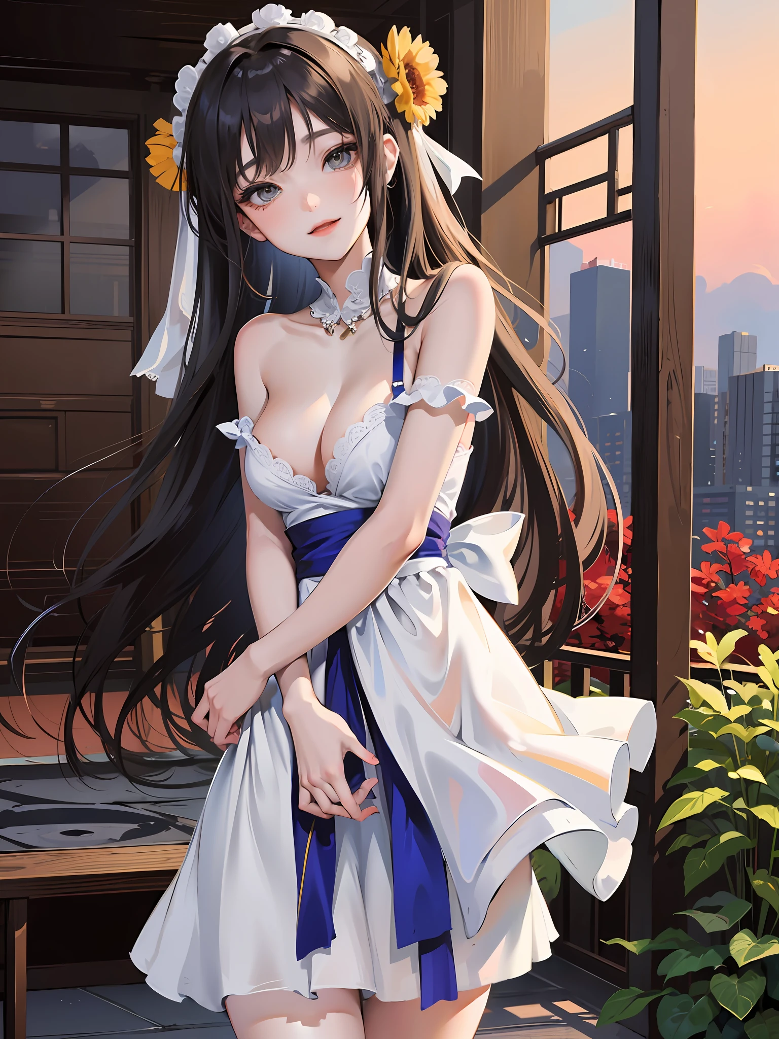 (Masterpiece, high quality, high detail), a girl, Ze Tai Long Iki, y, detail face, smile, folio dress, thin waist, broken flowers, silk dress, cowboy shot, romantic style, thin fabric, exposed figure, from below, garden, medium breo panties, tth, thighs, dream style