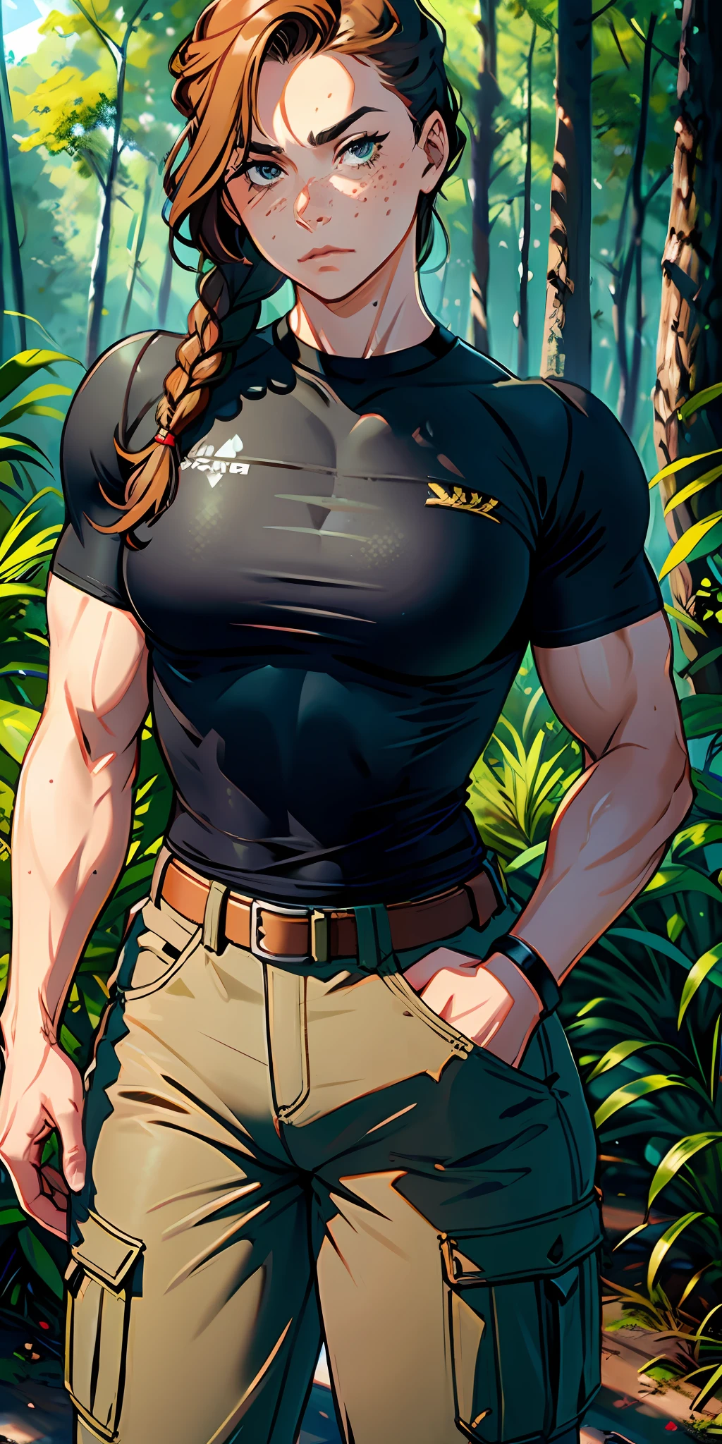 Woman, serious face, brave, freckles, hair: brown, braid, muscular, big arm, broad shoulders, thighs, small chest, black t-shirt, military cargo pants: beige, background: forest