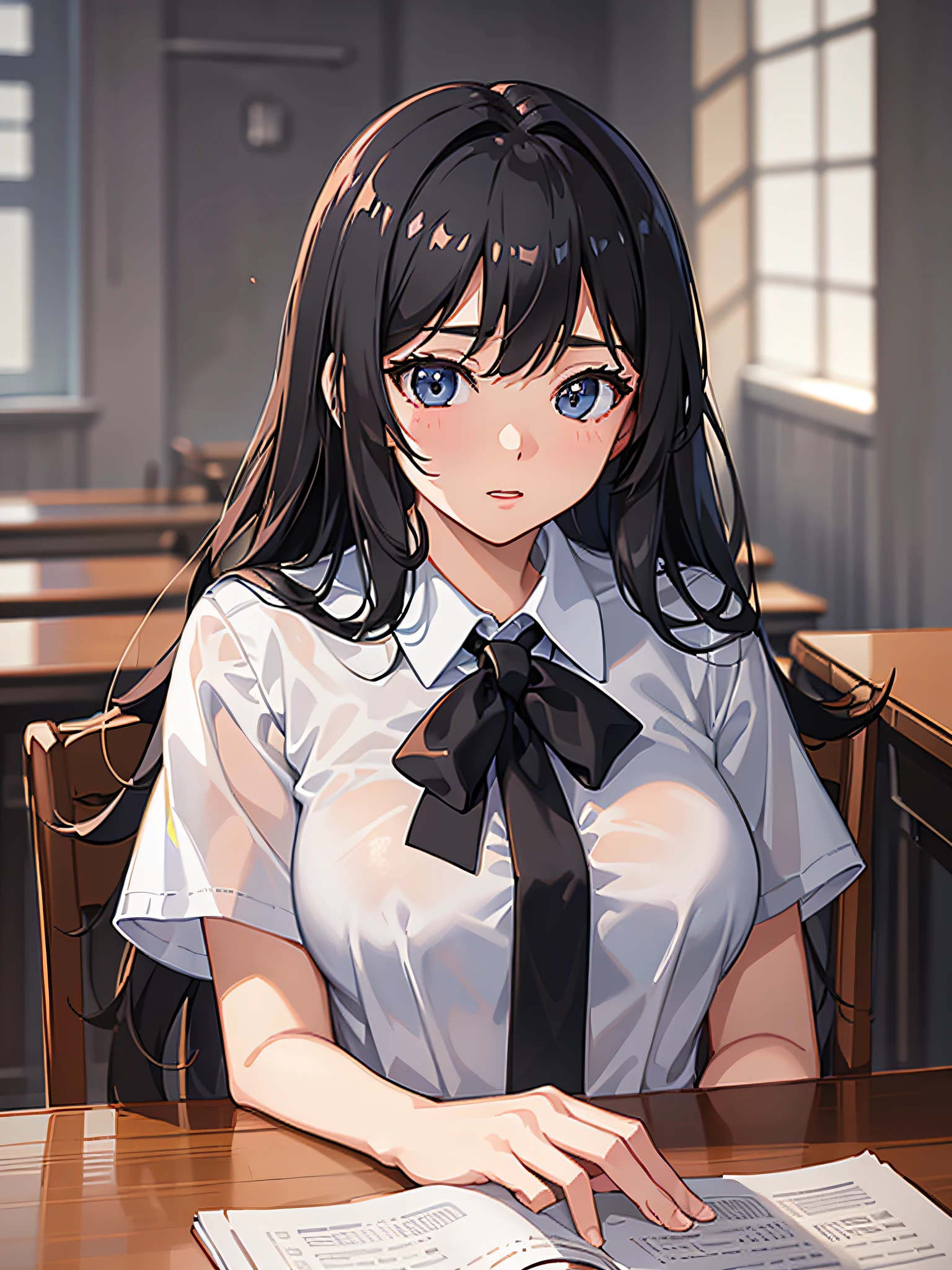 High quality, ultra-definition, extremely beautiful CG screen (CG Unity) 8K tablecloth, better lighting, better shadows, floating subject is a high school girl in a white shirt, long black hair, narrow eyes, large breasts, thick thighs, wearing school uniform, the color saturation is high. high school girl, taking a man's hand ((POV))