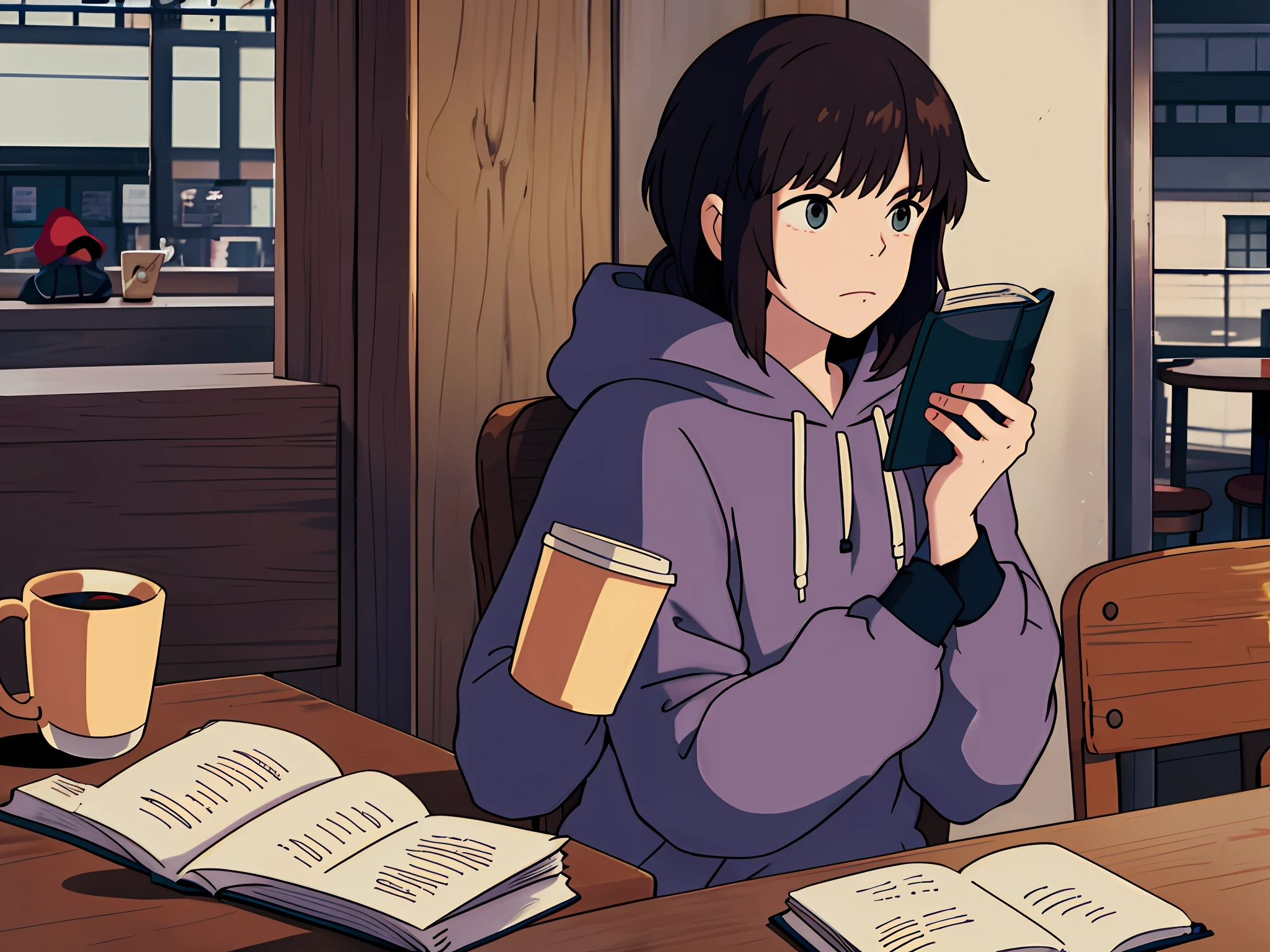 1girl, wearing a hoodie jacket, reading a book, coffee shop