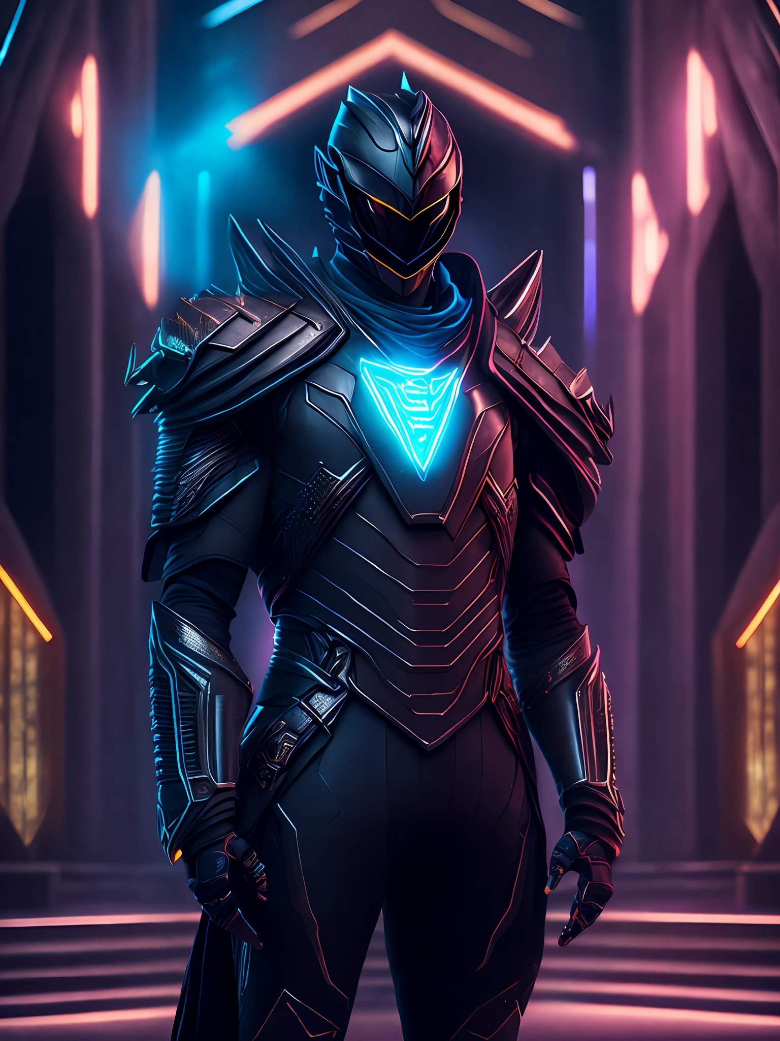 a somber portrait of Black Ranger from Power Rangers, with intricate angular cybernetic implants inside a brutalist building, gothic brutalist cathedral, cyberpunk, award-winning photo, bokeh, neon lights, cybernetic limb