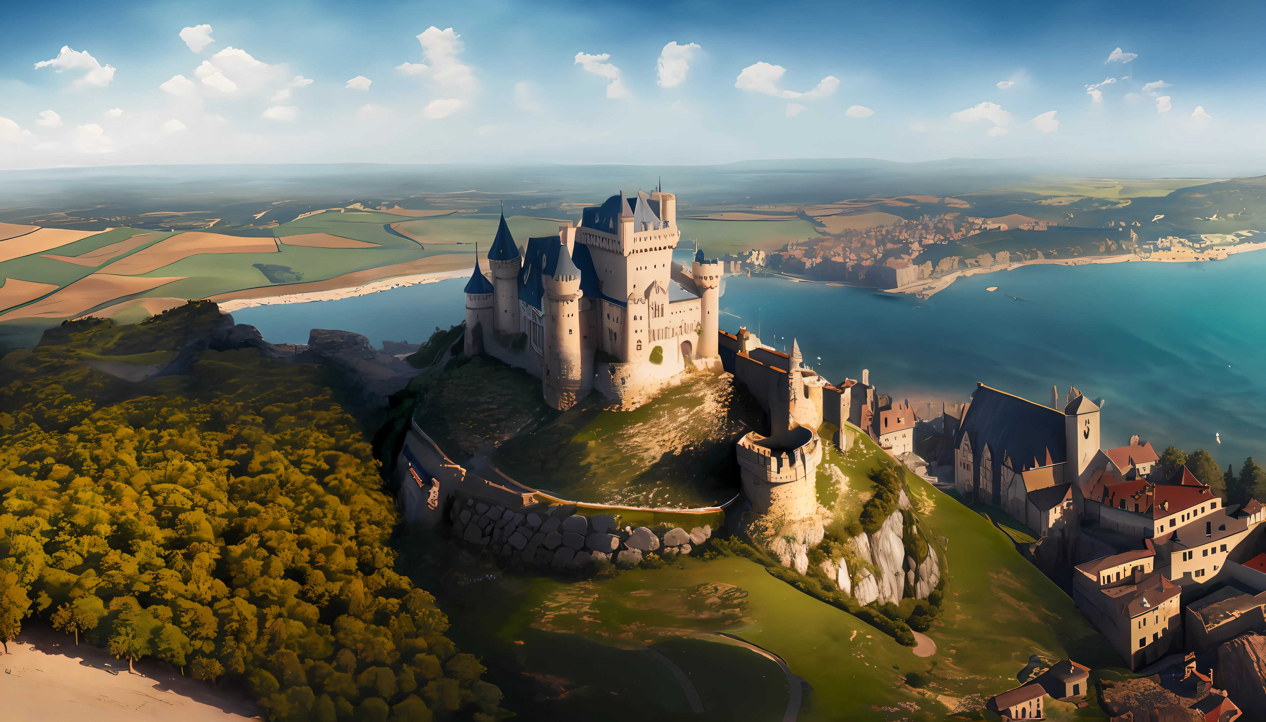 aerial view of a castle on a hill overlooking a body of water, hyperdetailed 3 d matte painting, hyperdetailed 3d matte painting, 3 d render and matte painting, highly detailed matte painting, high quality matte painting, photorealistic matte painting, 3d rendered matte painting, 3d matte painting, beautiful render of a fairytale, matte painting in fantasy style, beautiful castle