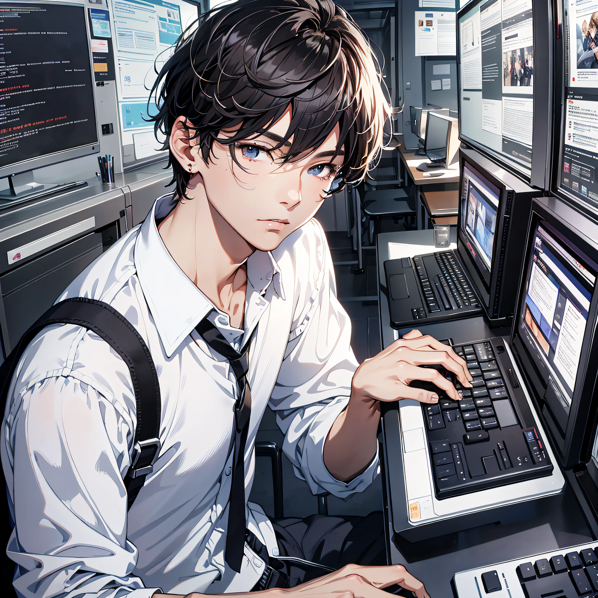 Absurd resolution, high resolution, (masterpiece: 1.4), hyperdetail, 1boy, face focus, mature men, school wear, white shirt, Internet café, operating keyboard