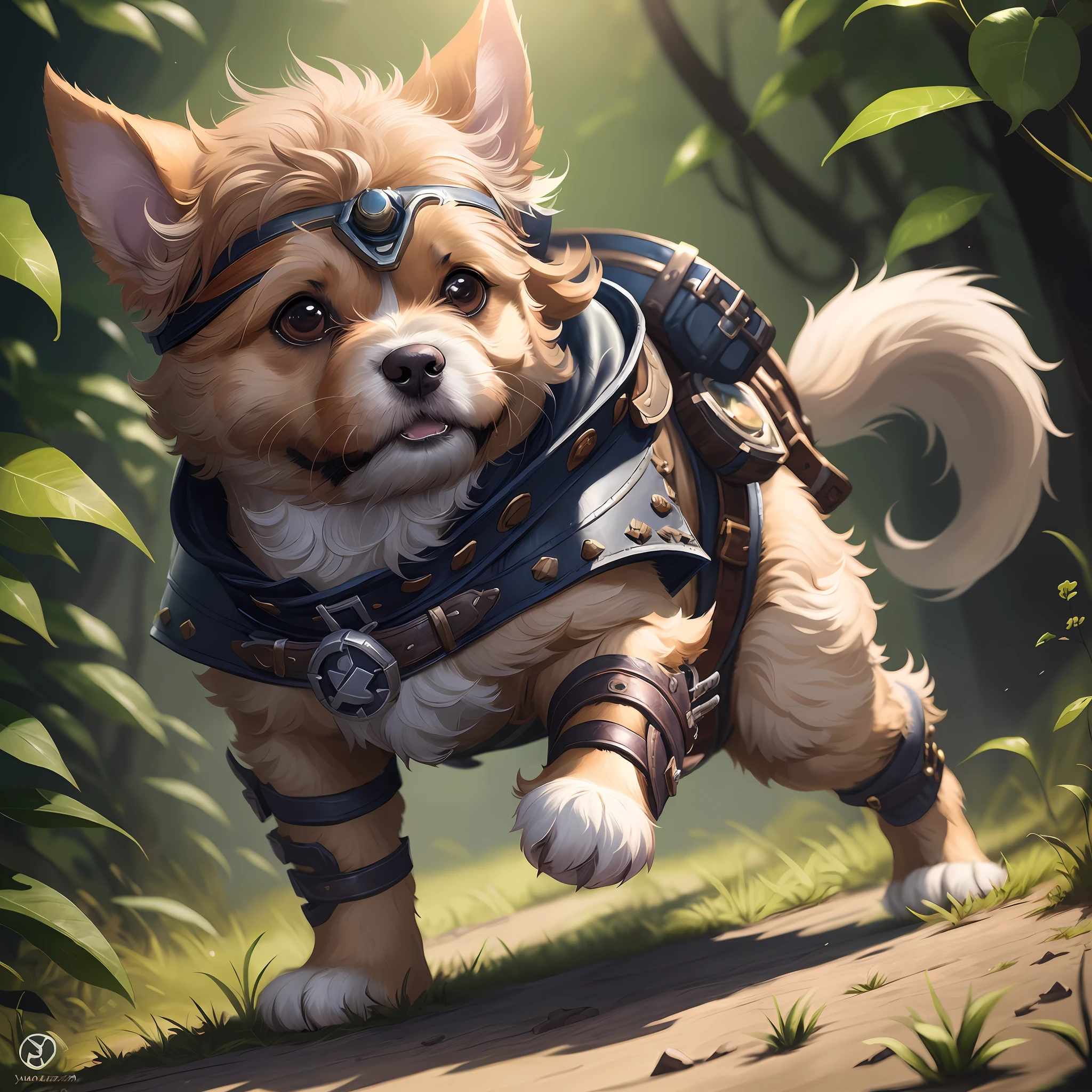 there is a dog that is wearing a leather outfit and goggles, by Yang J, adorable digital painting, by Reuben Tam, cute detailed digital art, collectible card art, hearthstone card game artwork. ”, fantasy card game art, wlop and ross tran, anthropomorphic warrior piglet, by Jason Chan, furry fantasy art, wojtek fus, full art illustration