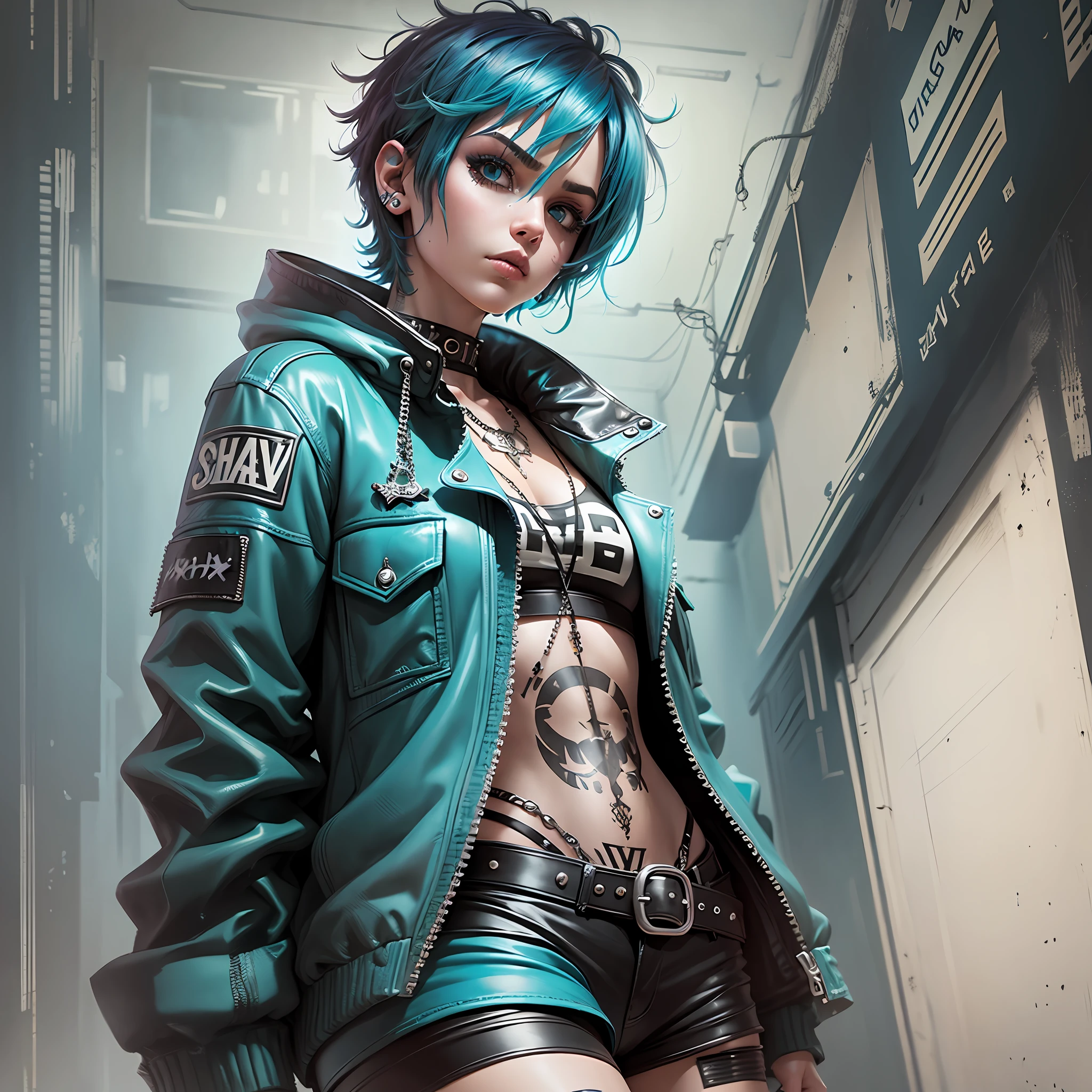 cyan emo short hair, punk hair, heavy metal girl, (solo)