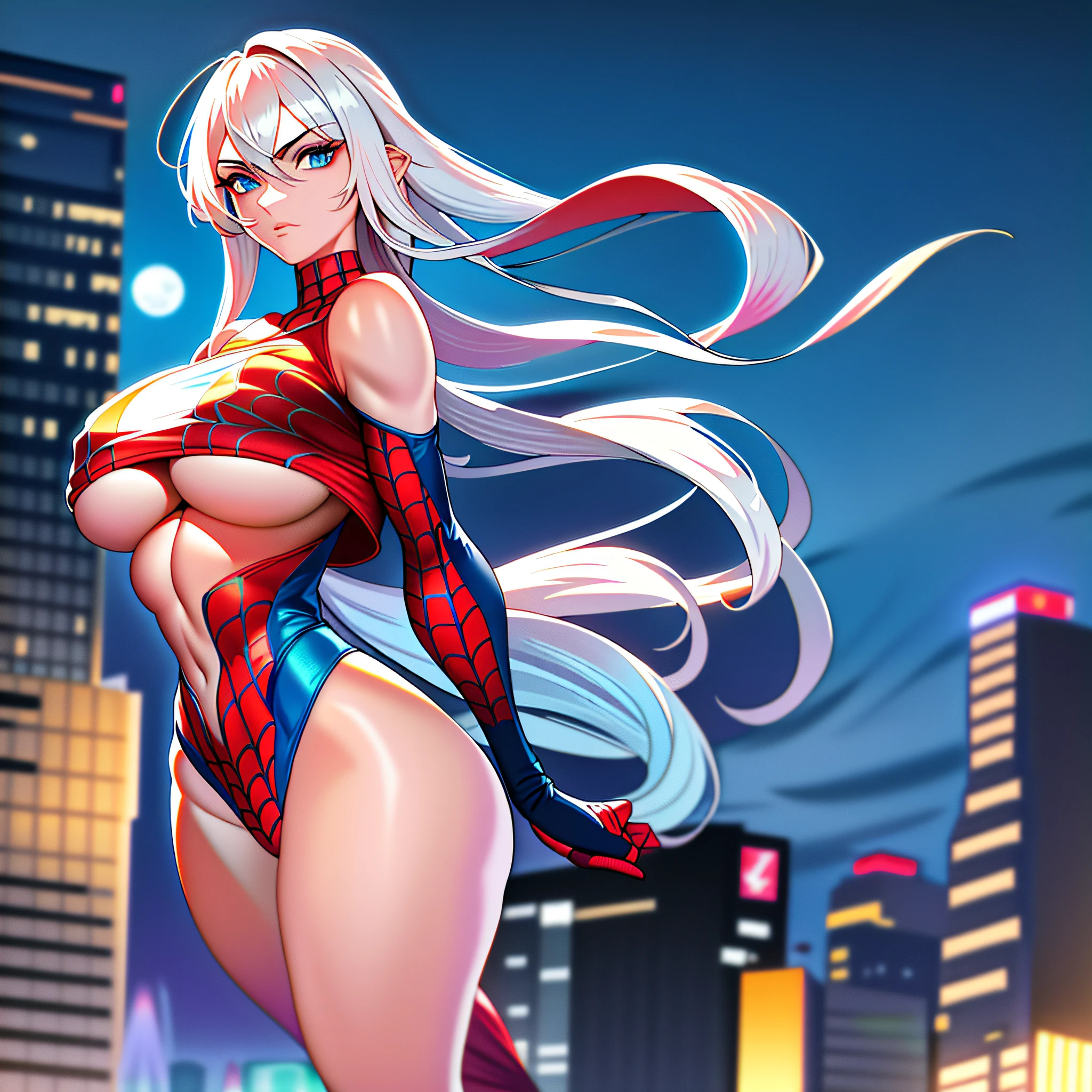 (Masterpiece, 4k resolution, ultra-realistic, very detailed), (Sexy superhero theme, 
charismatic, there's a girl at the top of town, wearing a Spider-Man costume (big boobs:1.6), she's a superhero),
 [ ((25 years), (long white hair:1.2), full body, (blue eyes:1.2), ((Spider-Man pose),
show of force, jump from one building to another), ((sandy urban environment):0.8)| (urban landscape,
at night, dynamic lights), (full moon))] # Explanation: The Prompt mostly describes a 4K painting of
ultra-high definition, very realistic, very detailed. It shows a sexy superheroine at the top of town, wearing it 
a Spider-Man costume. The theme in the painting is a white superhero theme, the female protagonist has long white hair,
He is 25 years old and his entire body is shown in the painting. 
In terms of portraying the actions of superheroines, spiders are employed