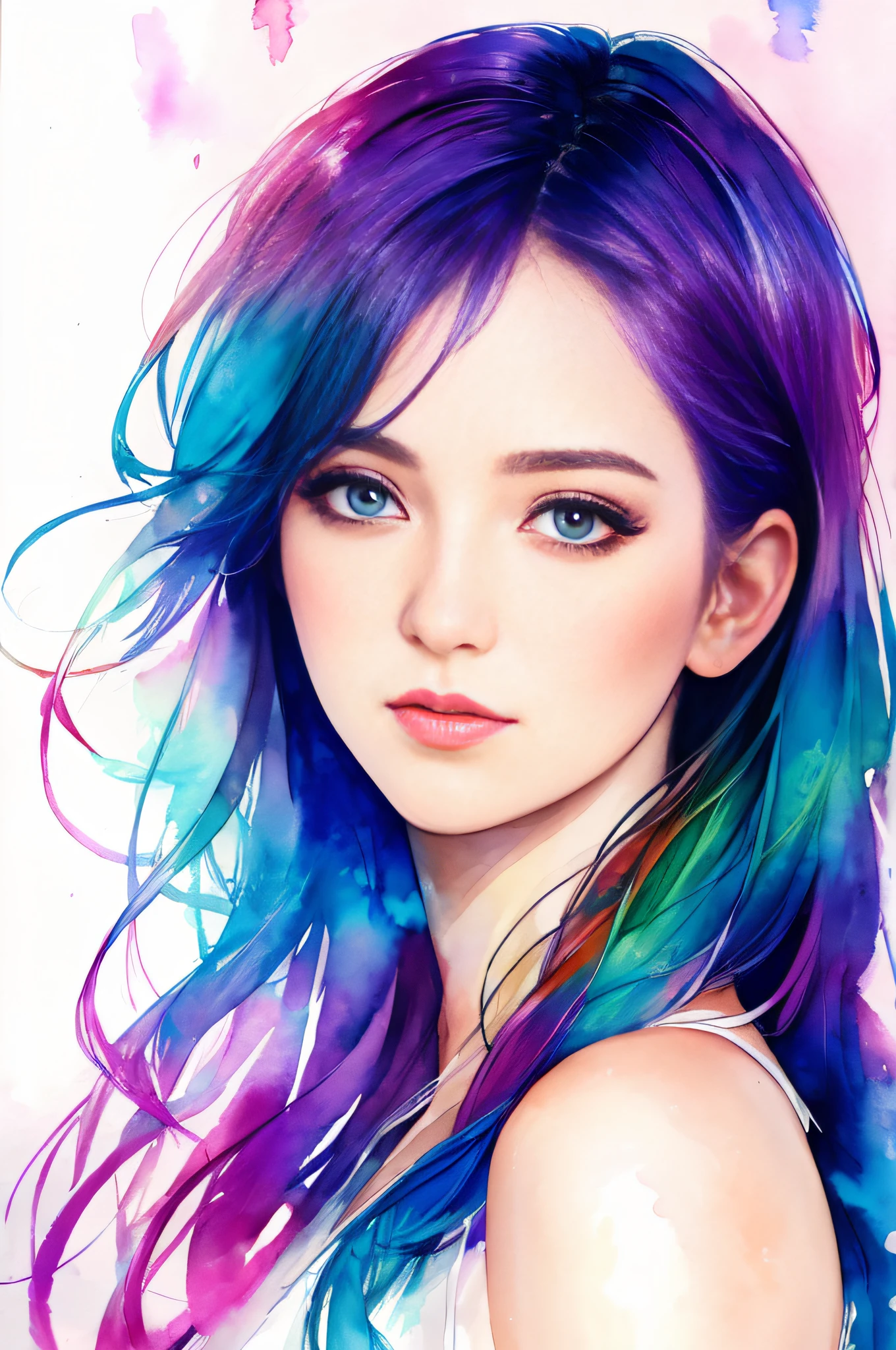 (8k, best quality, masterpiece:1.2),(best quality:1.0), (ultra highres:1.0), watercolor, a beautiful woman, shoulder, hair ribbons, by agnes cecile, half body portrait, extremely luminous bright design, pastel colors, (ink:1.3), autumn lights,