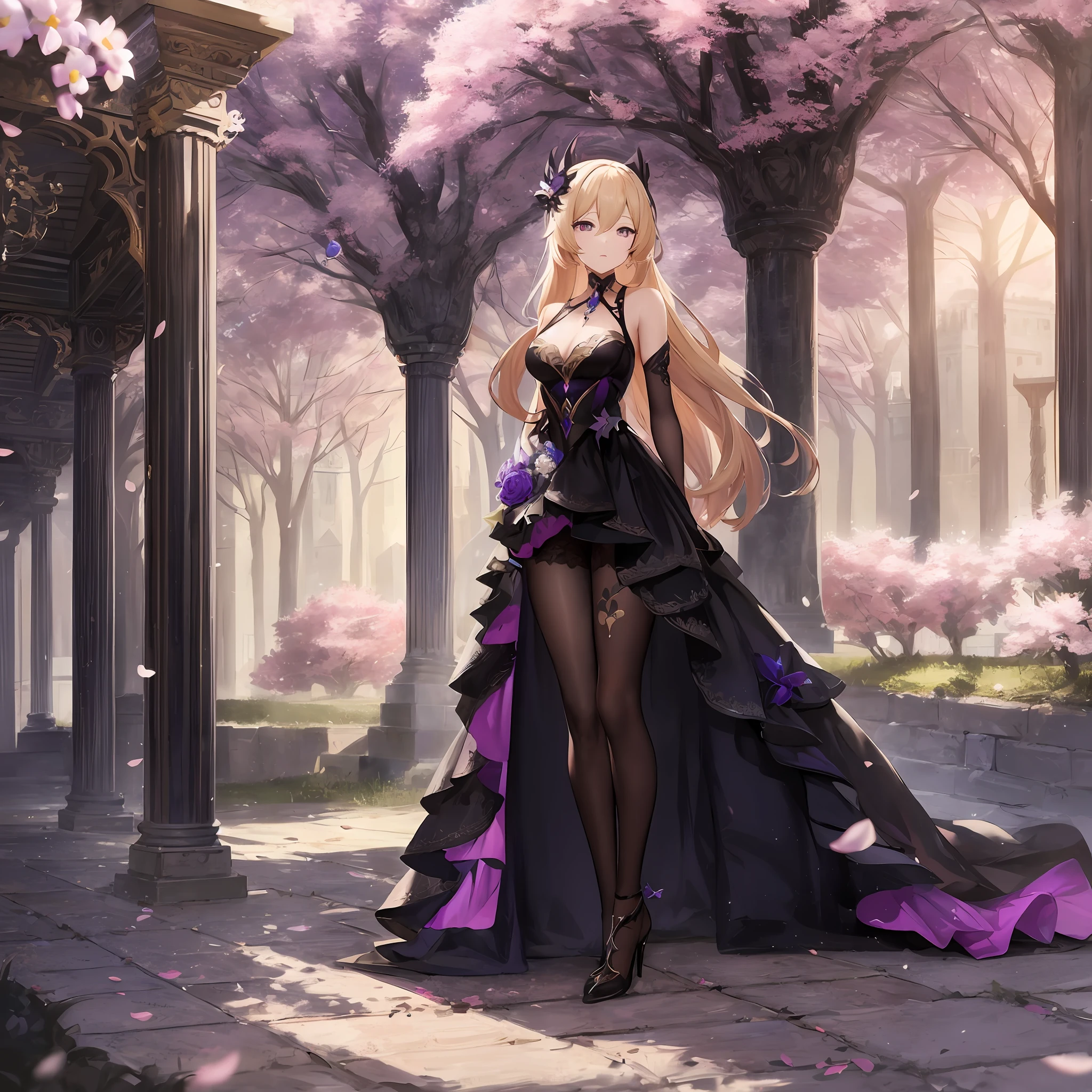 Rita Rossweisse, honkai impact,beautiful woman with long blonde hair slightly reddish and black dress with long purple layers,nice,extremely detailed with many elegant details, posing in front of a castle in the middle of a nice flat, beautiful day, flying birds,fine details. cushart krenz key art,shadowverse style,cg,sexy,extremely detailed,hair ornament,adult,30 years,yummy,masterpiece.best quality,high heels,lilac eyes,extremely defined body,thin waist,dynamic lights and shadows.cherry trees,antagonist,alone in image,many intricate details,late afternoon,flowers flying across landscape,sunset