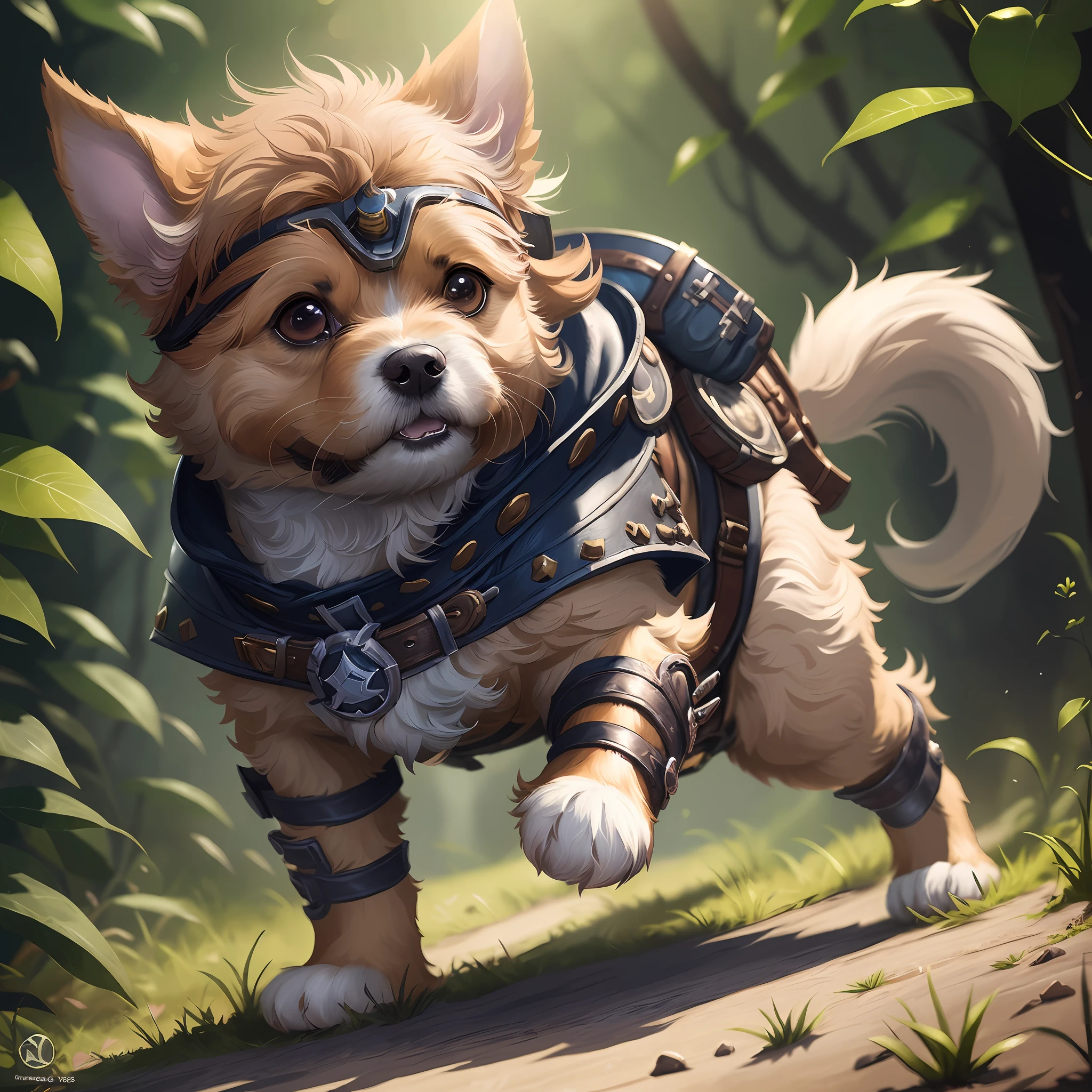 there is a dog that is wearing a leather outfit and goggles, by Yang J, adorable digital painting, by Reuben Tam, cute detailed digital art, collectible card art, hearthstone card game artwork. ”, fantasy card game art, wlop and ross tran, anthropomorphic warrior piglet, by Jason Chan, furry fantasy art, wojtek fus, full art illustration